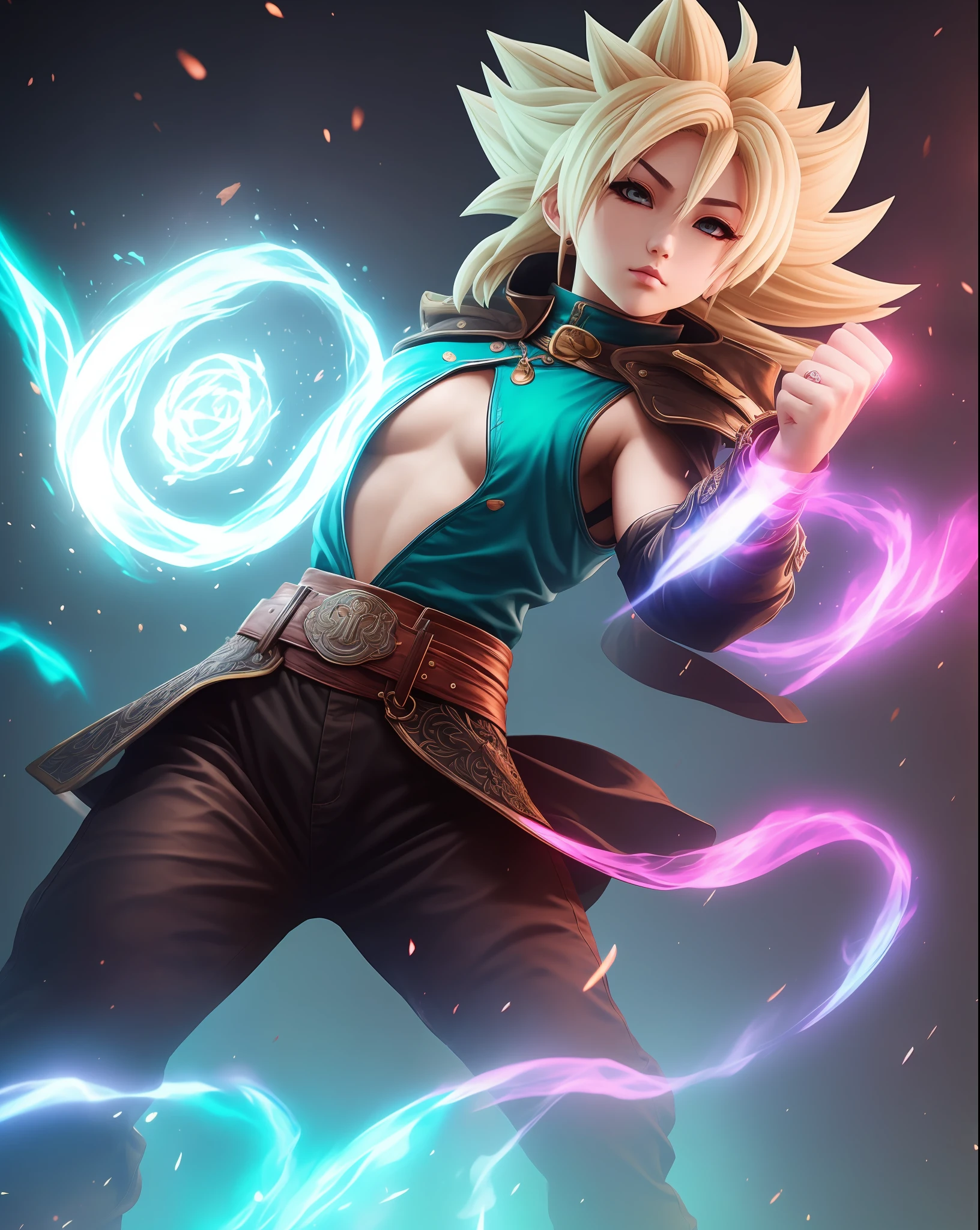 1girl, colorful, solo, pink, super Saiyan hairstyle, Sakura hairstyle, Teal medieval breastplate, violet intricate samurai pants, brown fur belt, combat stance, DND, high fantasy medieval background, magic, dynamic angle, beautiful detailed glow, full body, fist, punching, martial art, hyper detail, dramatic light, intricate details, best quality, (extremely detailed CG unity 8k wallpaper, masterpiece, best quality, ultra-detailed, best shadow), (detailed background:1.4), (beautiful detailed face, beautiful detailed eyes), High contrast, (best illumination)
