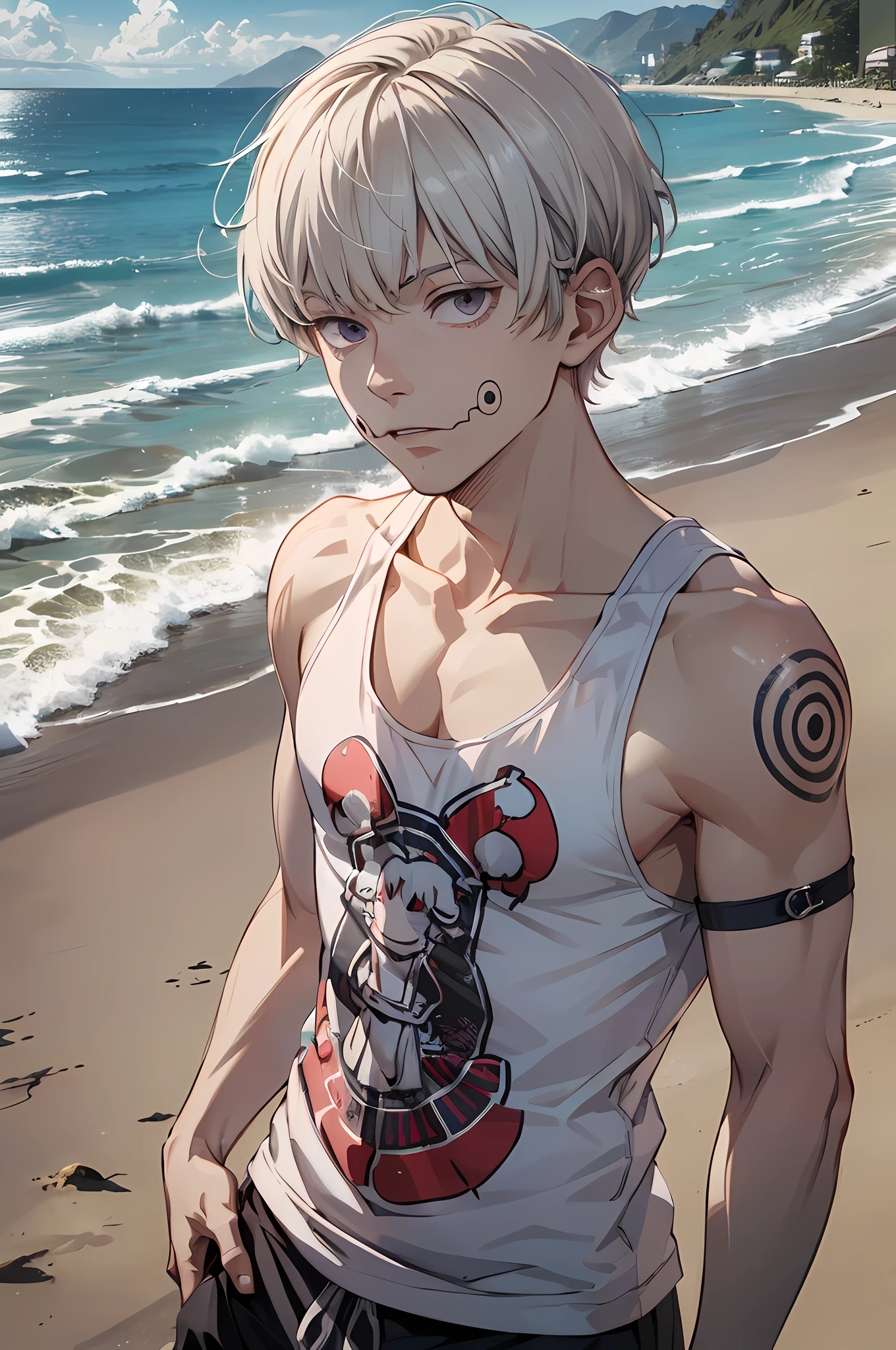 (absurdres, highres, ultra detailed, HDR), masterpiece, best quality, 1boy, solo, handsome, short hair, ((inumaki toge)), ((facial tattoo)), white hair, closed mouth, ((tank top)), swim trunks, beach, clear sky and horizon, sunny, windy, from below
