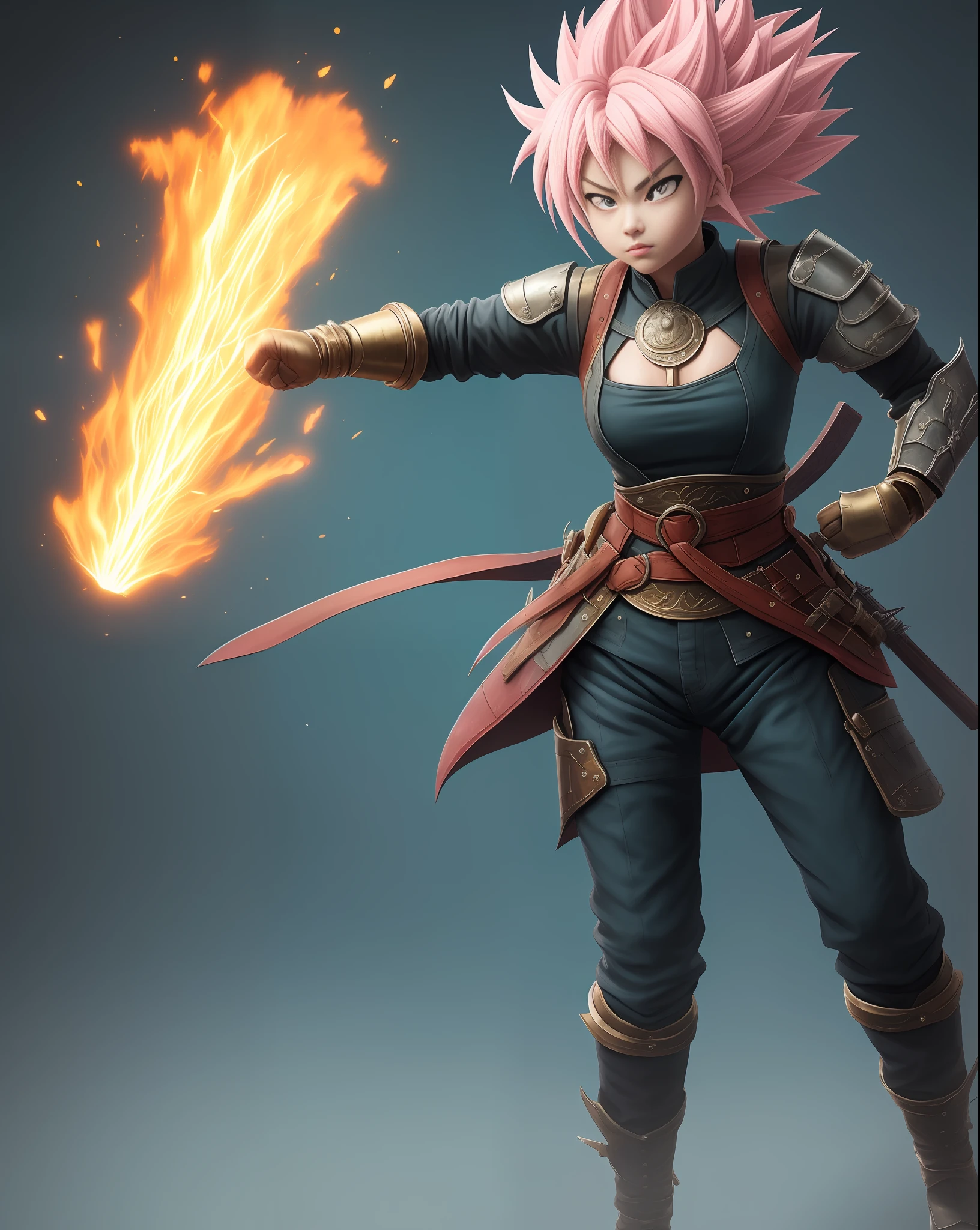 1girl, colorful, solo, pink, super Saiyan hairstyle, Sakura hairstyle, Teal medieval breastplate, violet intricate samurai pants, brown fur belt, combat stance, DND, high fantasy medieval background, magic, dynamic angle, beautiful detailed glow, full body, fist, punching, martial art, hyper detail, dramatic light, intricate details, best quality, (extremely detailed CG unity 8k wallpaper, masterpiece, best quality, ultra-detailed, best shadow), (detailed background:1.4), (beautiful detailed face, beautiful detailed eyes), High contrast, (best illumination)