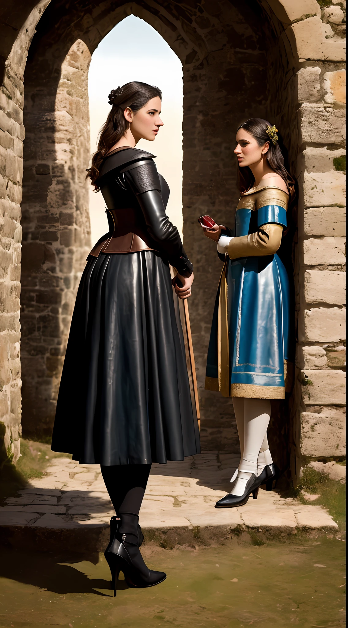 (masterpiece, 8K, UHD, oil painting, photo-realistic:1.3, by Greg Rutkowski), joyful and beautiful women, (wearing short medieval leather attire:1.2) with intricate 13th-century design, (standing at the side of a road in medieval France:1.2), illuminated by warm reddish light of the late sunset hours, realistic style, capturing the richness of the era, detailed surroundings, vibrant colors, dynamic composition, showcasing the beauty and spirit of the women in their medieval attire.