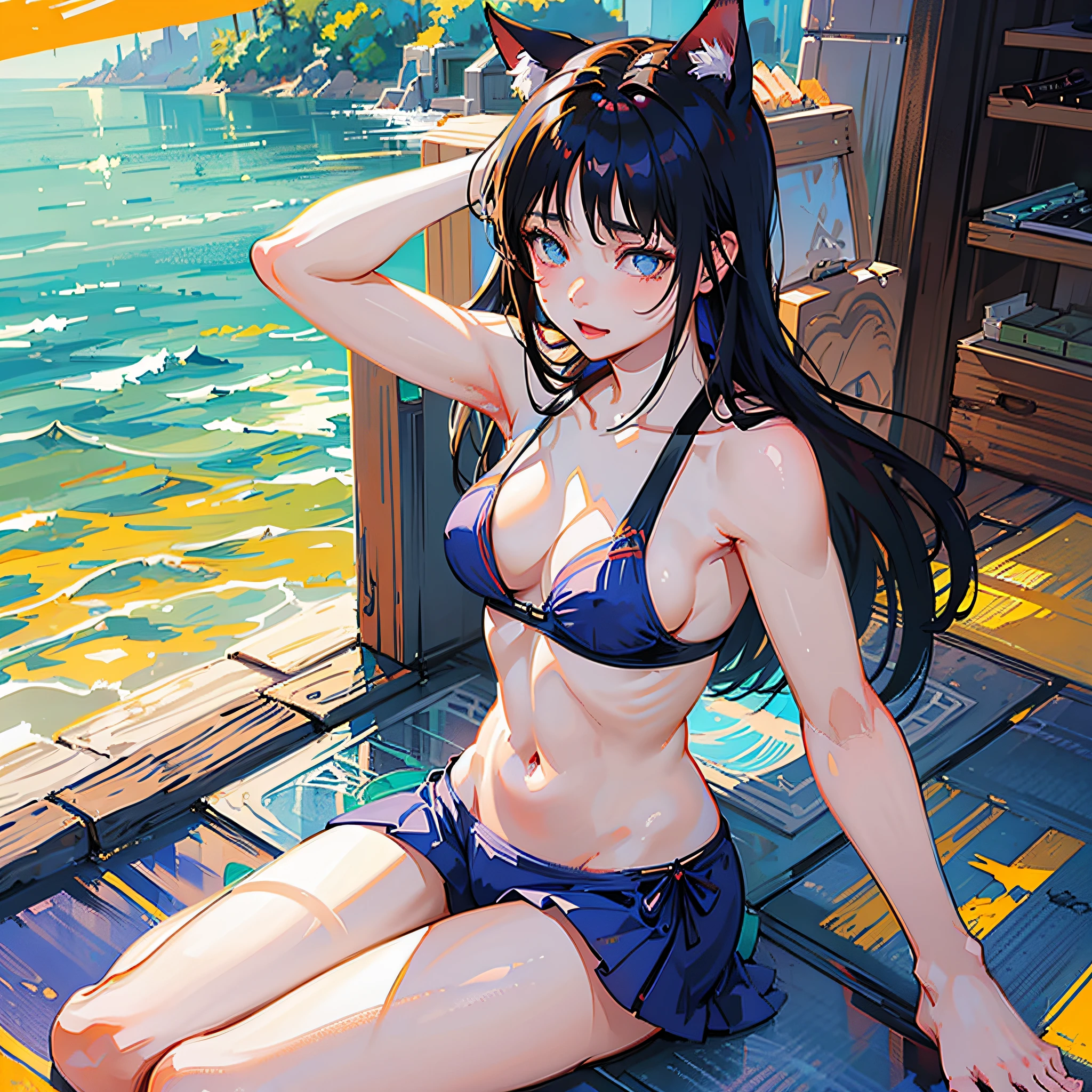 Anime cat-eared girl in red bikini sitting on the beach、beautiful anime girl、Makoto Shinkai and Artgerm、charming anime girl、(Anime girl)、Kantai Collection Style、yellow Bikini,small  breasts,Makoto Shinkai Art Style、beautiful anime woman、Marine Kitagawa Fan Art、high quality anime artstyle、cute anime girl、4Kマンガの壁紙