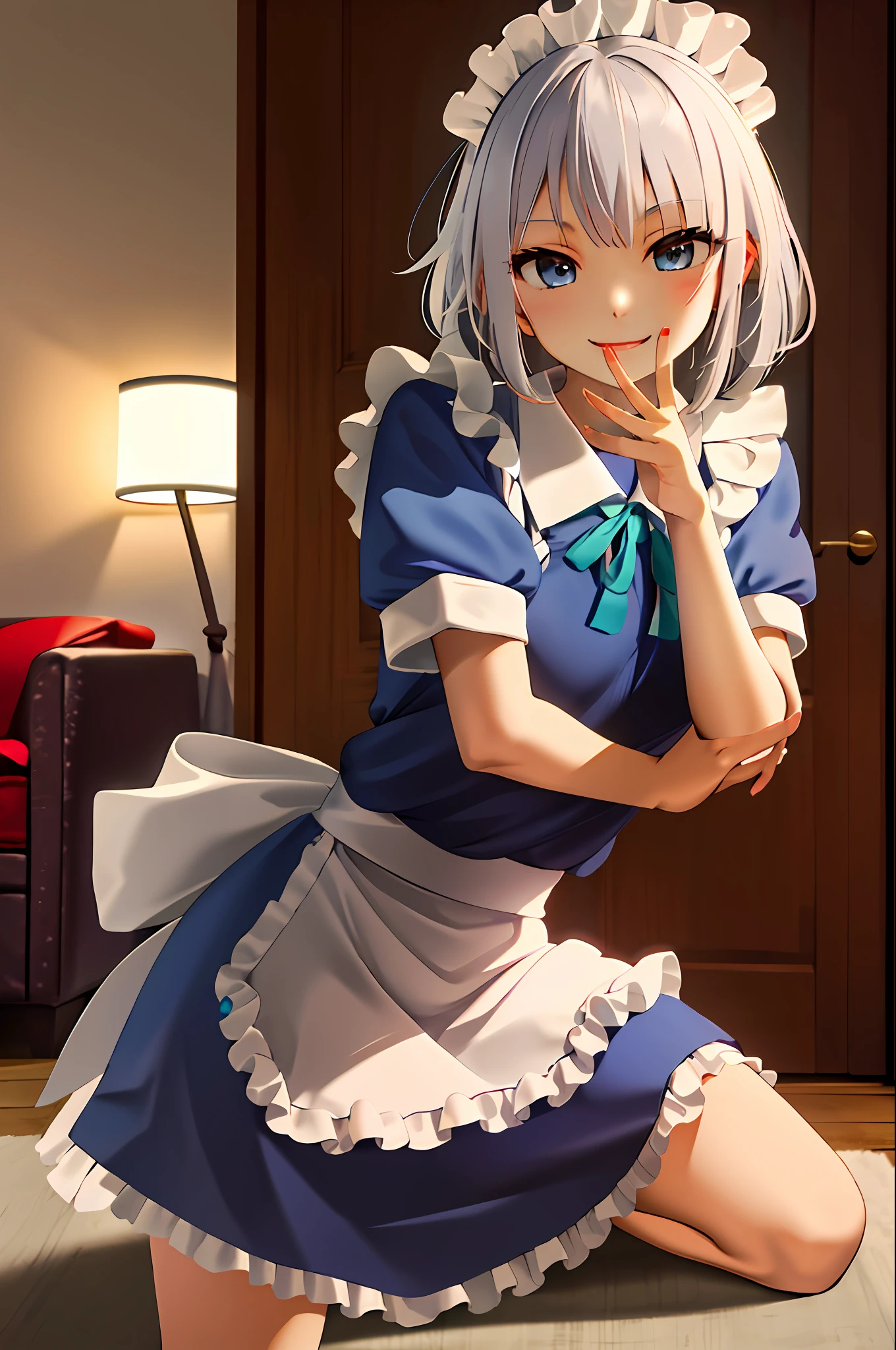 Masterpiece、, sthe highest qualit, Hi-Res, 1女の子, solo, サクヤ1, maid, Upon, Gray hair, sailor-uniform,smileing