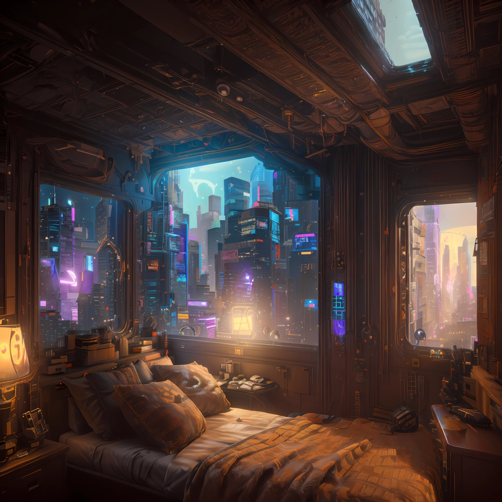 there is a bed with a large window in a room, cyberpunk bedroom at night, cyberpunk teenager bedroom, cyberpunk dreamscape, in a cyberpunk themed room, the cyberpunk apartment, cyberpunk apartment, cyberpunk childrens bedroom, hyper-realistic cyberpunk style, dystopian city apartment, 3 d render beeple, cyberpunk art ultrarealistic 8k, hyper realistic cyberpunk city, futuristic cyberpunk scenario