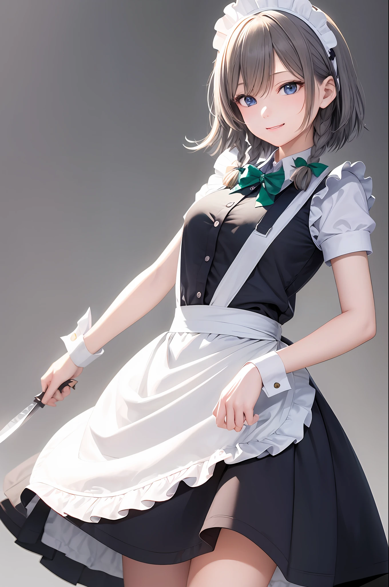 masterpiece, sthe highest qualit, 1girl, smile,izayoi sakuya, Knives、, Blue Eyes, maid headdress, braid, white haired、, maid,, twin braids, short haired、, wrist cuffs, Welcome, hair bow, holding, Short Sleeves,  Weapons, ribbons、, apron,,, (gray background:1.2),(ltso:0.6)