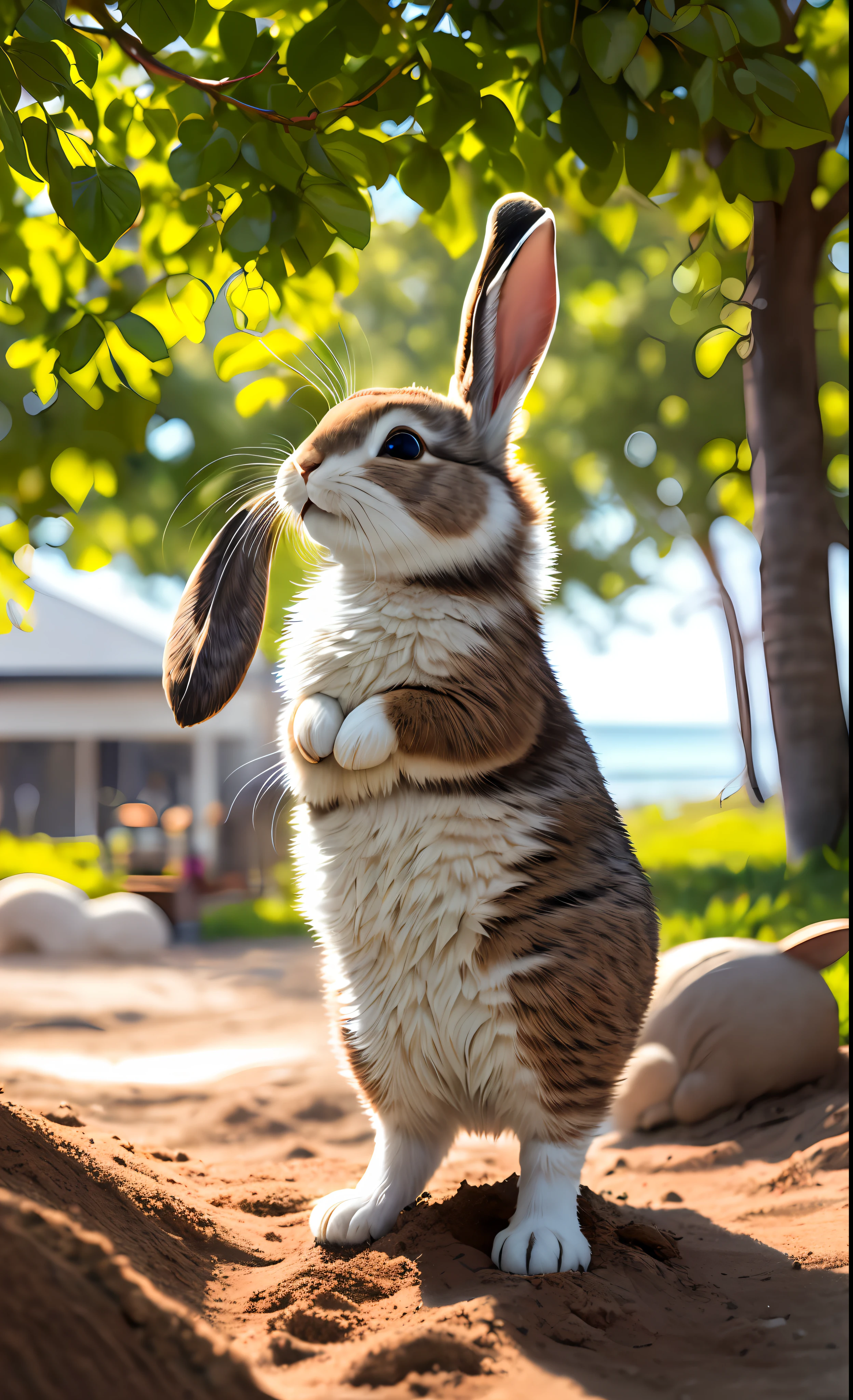 ((masterpiece, best quality)), soil, animal ears, fluffy rabbit, rabbit ears, jumping, beach, outdoor, full body, animal, sunlight, sunlight dappled, daytime, depth of field --v6