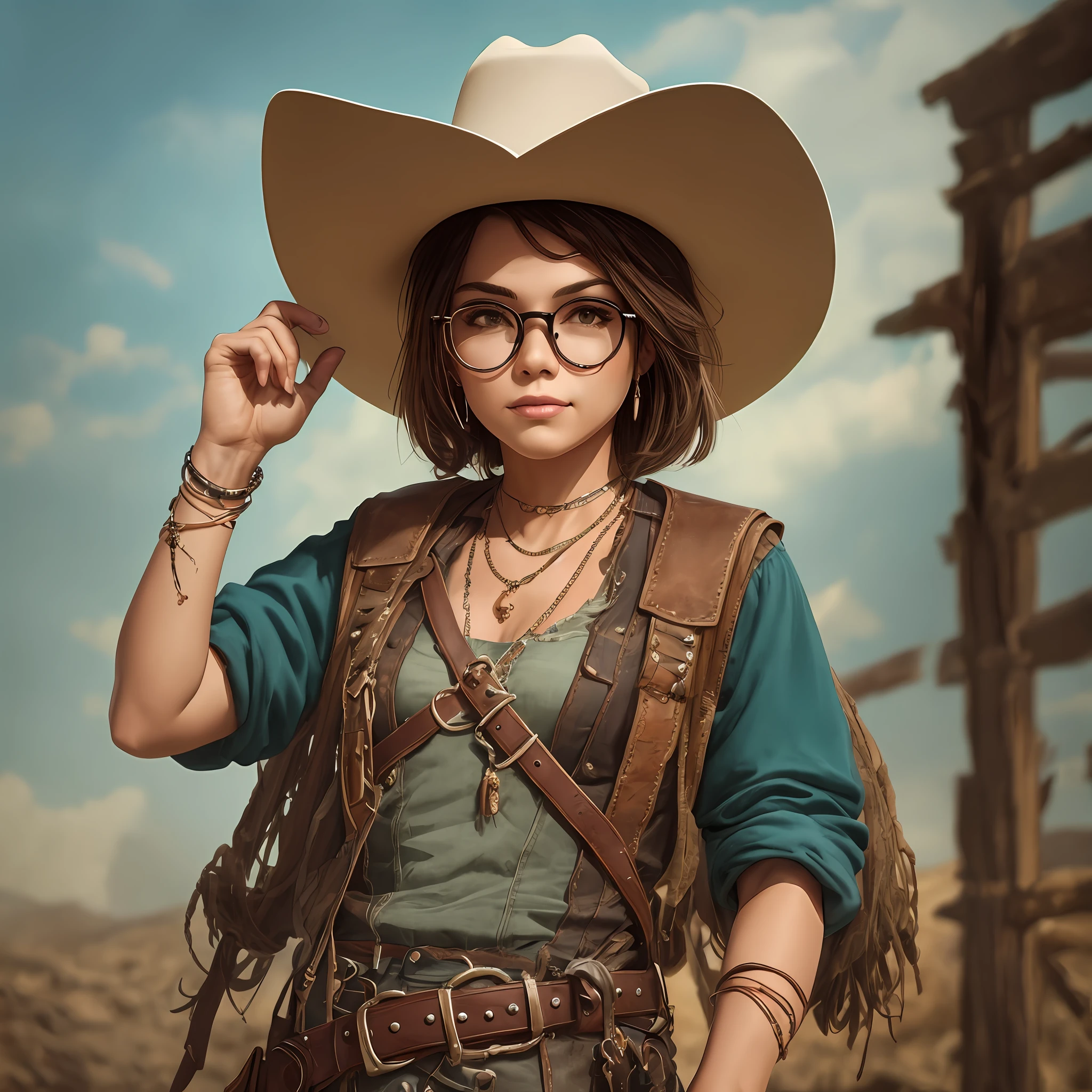 Araffe woman in a cowboy outfit and country hat posing for a photo, Cowboy latino, vaqueira, Female cowgirl with short brown hair, wearing round glasses, Vaca-, , roupas ocidentais, cowboy style, Beautiful cowboy, Pistoleiro ocidental, 4 k oeste selvagem, Velho Oeste, vestido como um xerife ocidental, post - apocalyptic cowboy, An epic western, cowboy, pintura ocidental, arte ocidental, velho oeste,