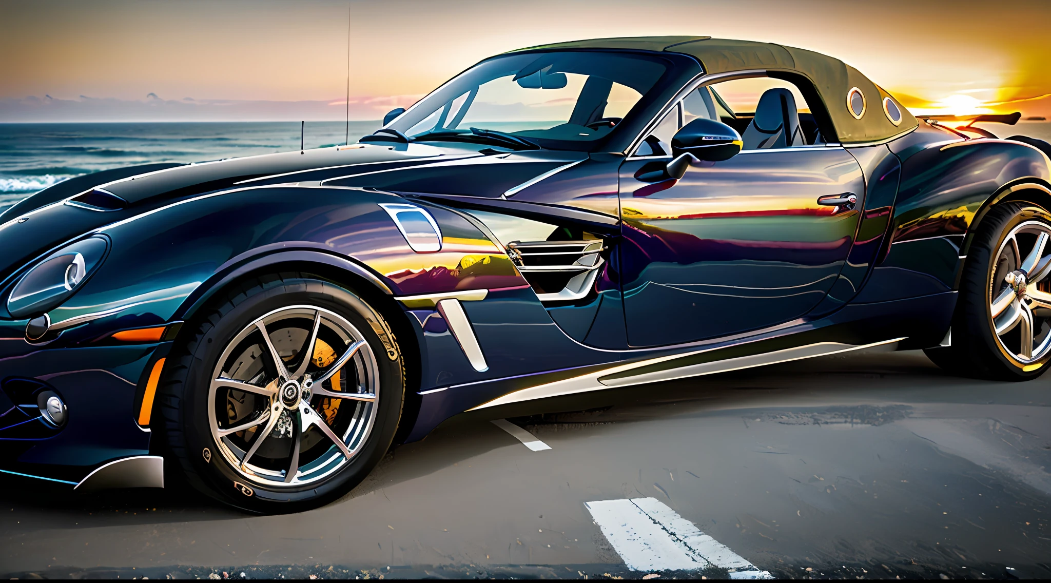 Morgan Aero 8, Beautiful sunset. The sleek car was parked on the edge of a cliff overlooking the endless ocean. The metal body of the machine shone in the bright sun, reflecting the colors of the surrounding landscape. The car's long, curved lines gave it elegance and sophistication, while chrome accents added a touch of modernity. --ar 3:2