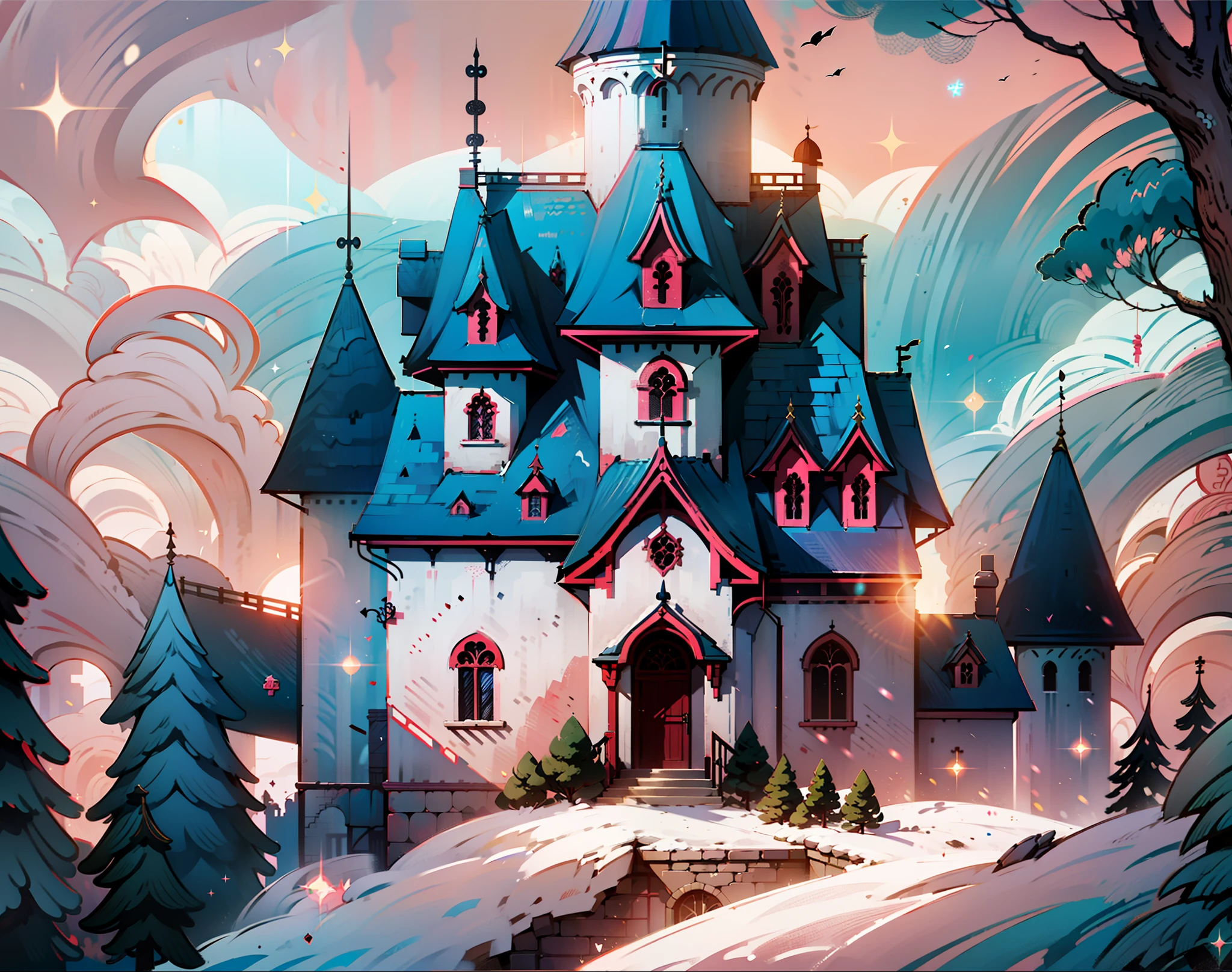 Un castillo, fantasy, castillo de hadas, en tonalidades de color rosa, Cute little creatures flying, Particles of magic, pink palette, pink color palete, a magical landscape, scenary, non persons, without people, un castillo rodeado por un bosque, Fantasy atmosphere, reino de las hadas, high detail, Conceptual art, anime, anime style, sparkle, wide shot, panorama, lens flare, UHD, masterpiece, 16k, 8k, 4K, best quality, super detail, high details