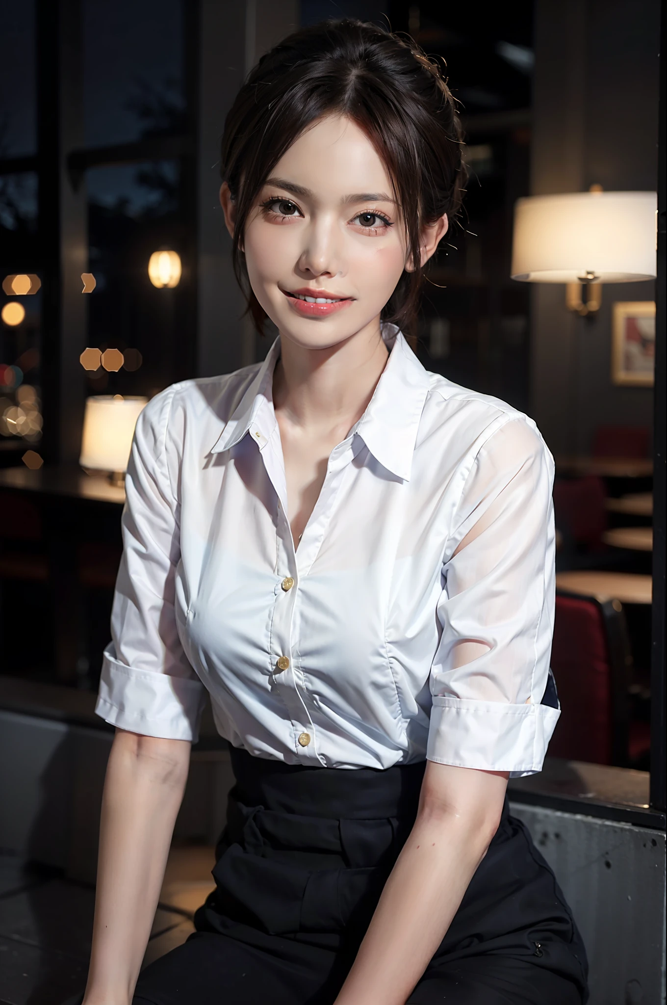 (64K, UHD,
Best Quality, Masterpiece:1.2), (Realistic, Realistic:1.37), Very detailed, 1 girl, cute, solo, beautiful detail sky, detailed café, night, sitting, dating, (nose blush), (laughter:1.15), (shut mouth) small breasts, beautiful detailed eyes, (collared shirt:1.1), night, wet, business dress, rain, white lace, (short hair:1.2), floating hair novafrogstyle, topless,