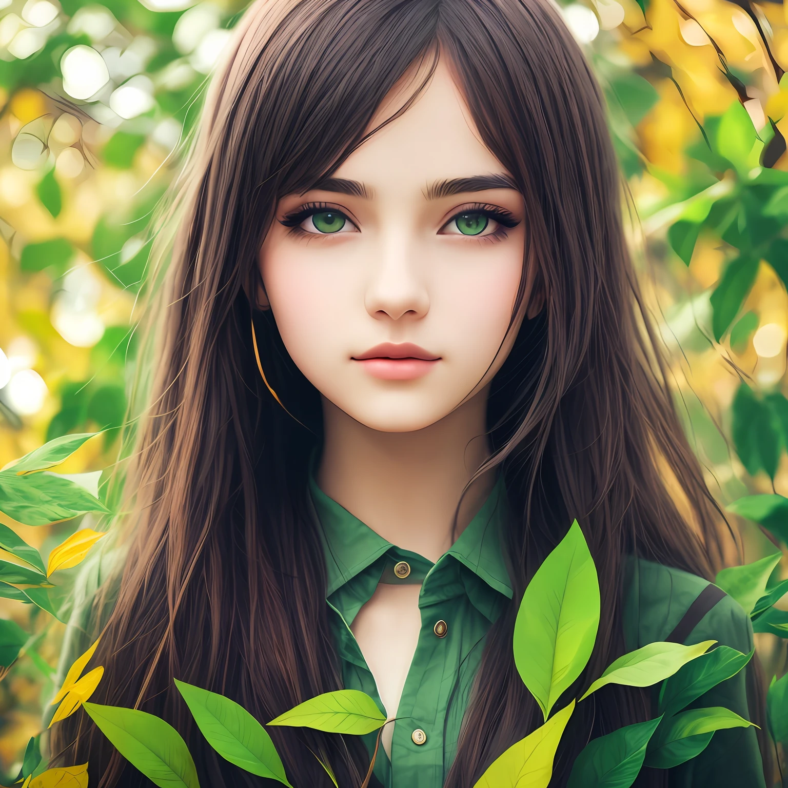 Girl wearing greenery like leaves,illustrations,full hd, 8k, beautiful face,green background, portrait,pretty eyes, close up image