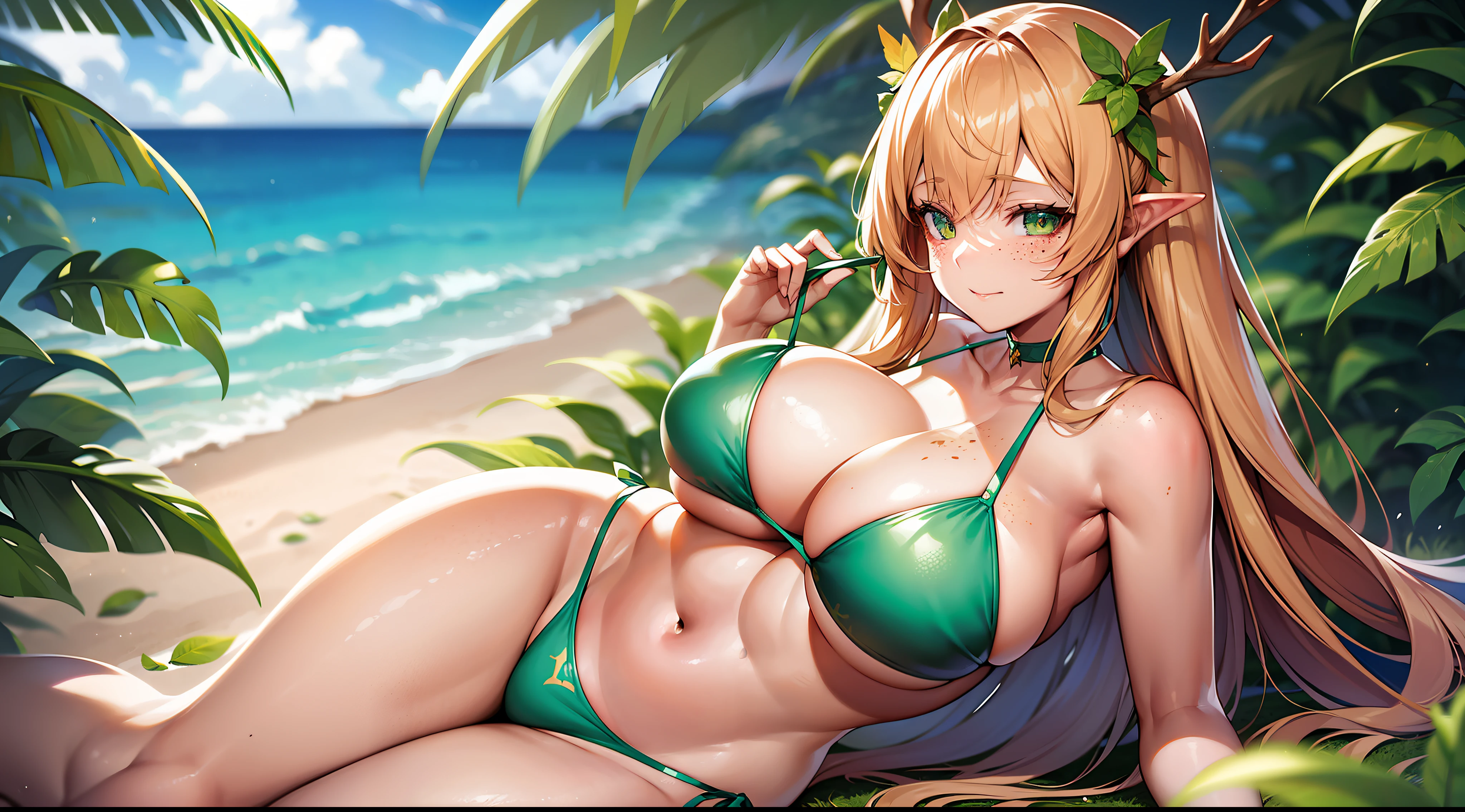Cleavage, Huge boobs, Massive boobs, oppai, thighs, thicc, Big ass, curvy, Green Bikini made of leaves, Leaf bikini, Nautral Bikini, Her bikini is made of leaves, Skimpy nautral Bikini, Micro nature Bikini, Long ginger, Lots of Freckles, Hair, Beach setting. She Has antlers, Butterflies around her. Vine bikini, vines on her thighs. Butterflies, Flowers.