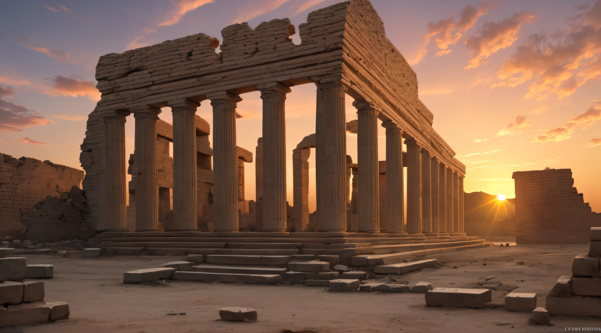 (8k, foto RAW, melhor qualidade, obra-antes), (realista, ultradetalhada), ruins of Babylon at sunset