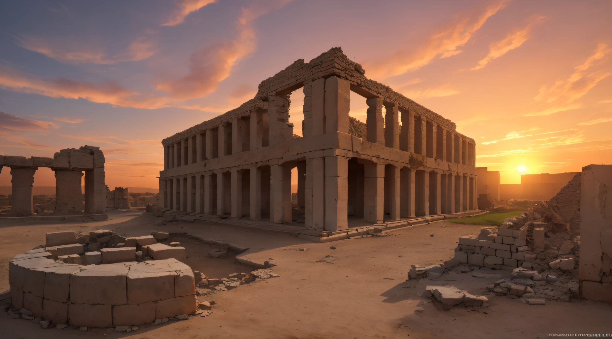 (8k, foto RAW, melhor qualidade, obra-antes), (realista, ultradetalhada), ruins of Babylon at sunset
