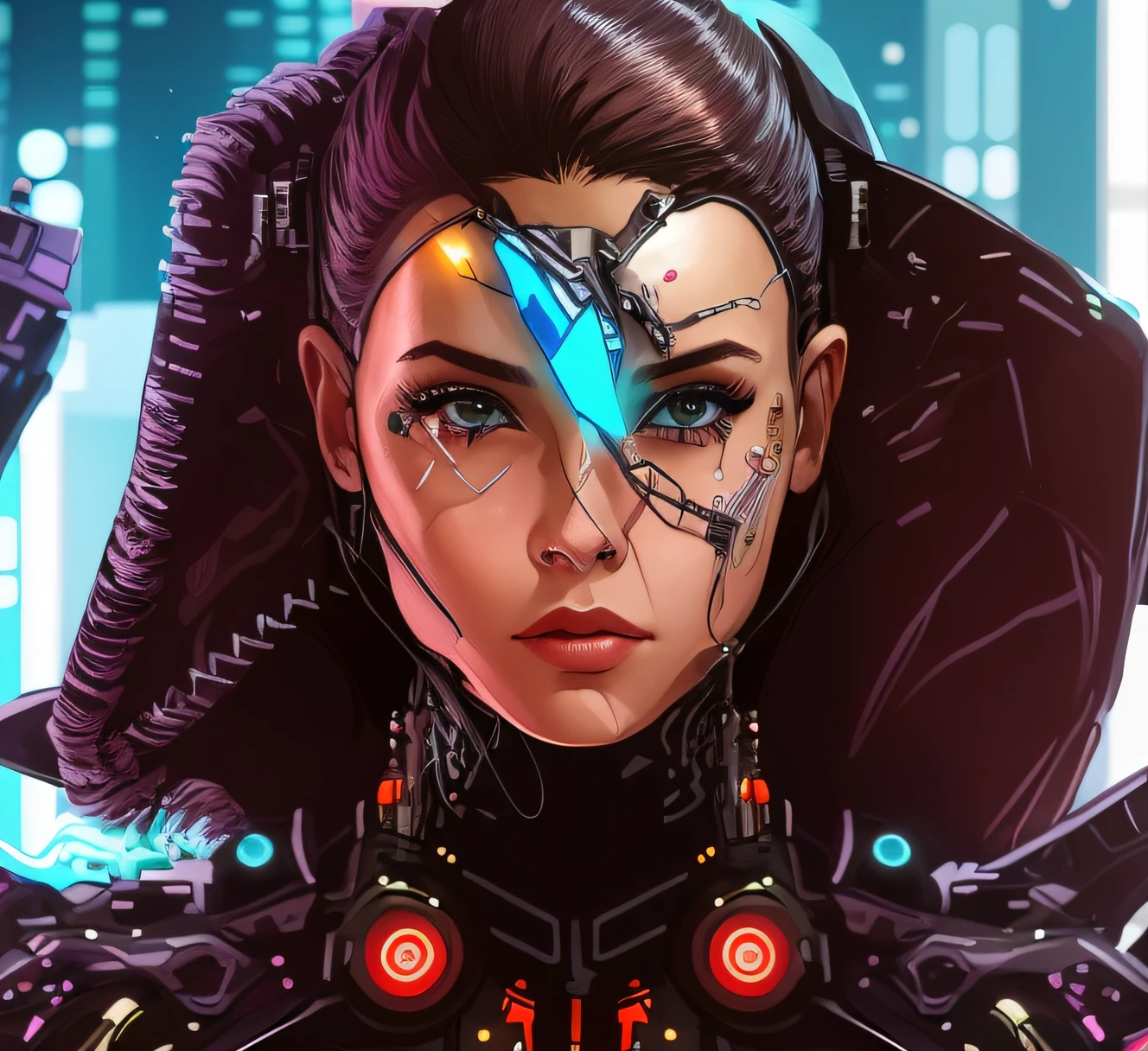 a close up of a woman with a futuristic head and a futuristic suit, ciborgue - , , meninaa ciborgue, menina ciborara bonita da menina cyberpunk, t cyborg female, ciborgue mulher, Jovem senhora Cyborg, cyberpunk menina bonita, menina ci bonita, O retr menina cyberpunk, Retrato de um ciboyberpunk, menina ciborgue bonito, Retrato detalhado ciborgue