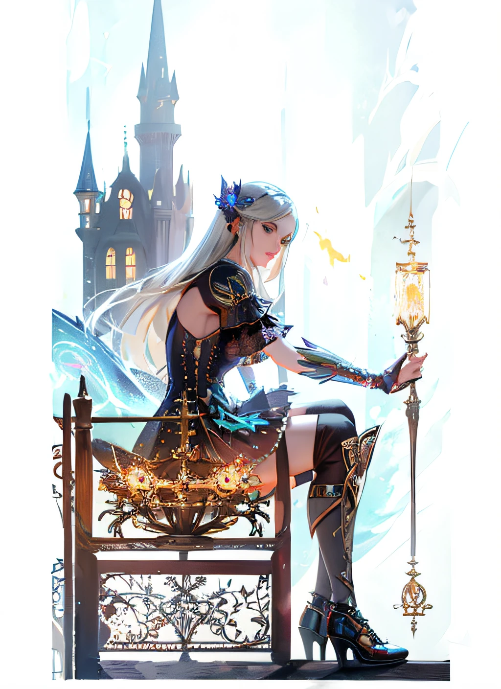 imagem de uma mulher sentada em uma cerca com uma espada, artista de fantasia, estilo de arte de fantasia, linda donzela fantasia, arte de fantasia, arte do jogo de cartas de fantasia, feiticeira bonita, uma bela feiticeira, bela arte de fantasia, fantasy genre portrait, empoleirado no intrincado trono, mago da fantasia, epic fantasy art style hd, gothic fantasy art, fantasy gorgeous lighting