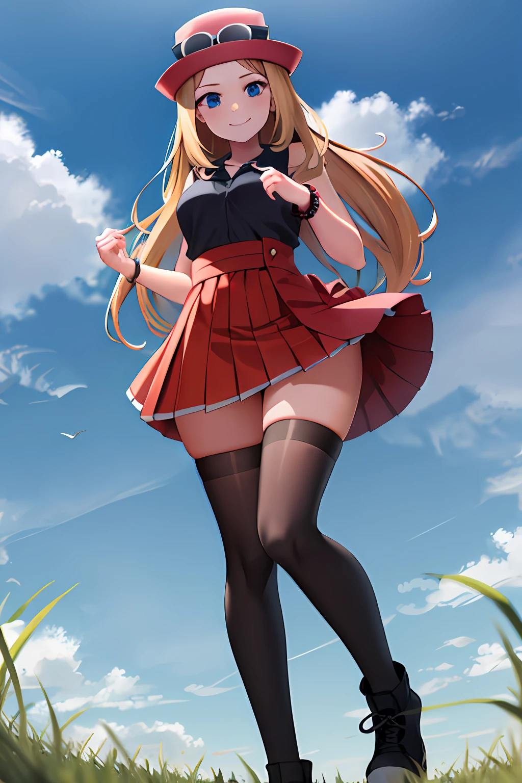masterpiece, best quality, highres, blue eyes, serena \(pokemon\), 1girl, solo, thighhighs, long hair, hat, jewelry, bracelet, black thighhighs, collared shirt, pleated skirt, red skirt, sleeveless, high-waist skirt, sleeveless shirt, eyelashes, pink headwear, black shirt, eyewear on headwear, full body, field, smile, closed mouth, from below, thick thighs, looking down at viewer, upskirt,
