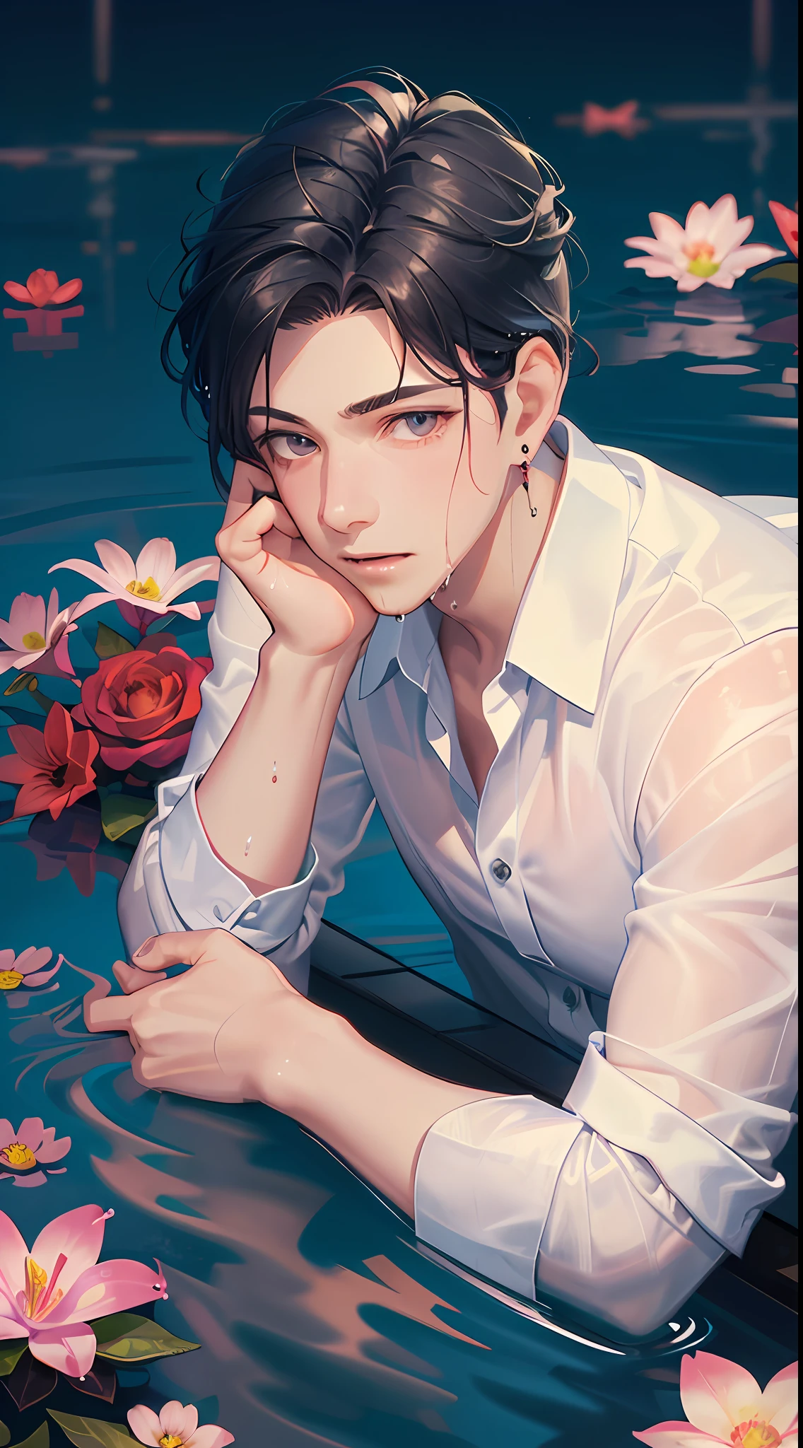 1boy, male, man, boy, teenager, young man, physically based rendering, professional lighting, extreme detail, white shirt, bouquet, cross earrings, lying on water, high brightness, refreshing, soft light, ((single))), (solo), lying down, wet, transparent shirt