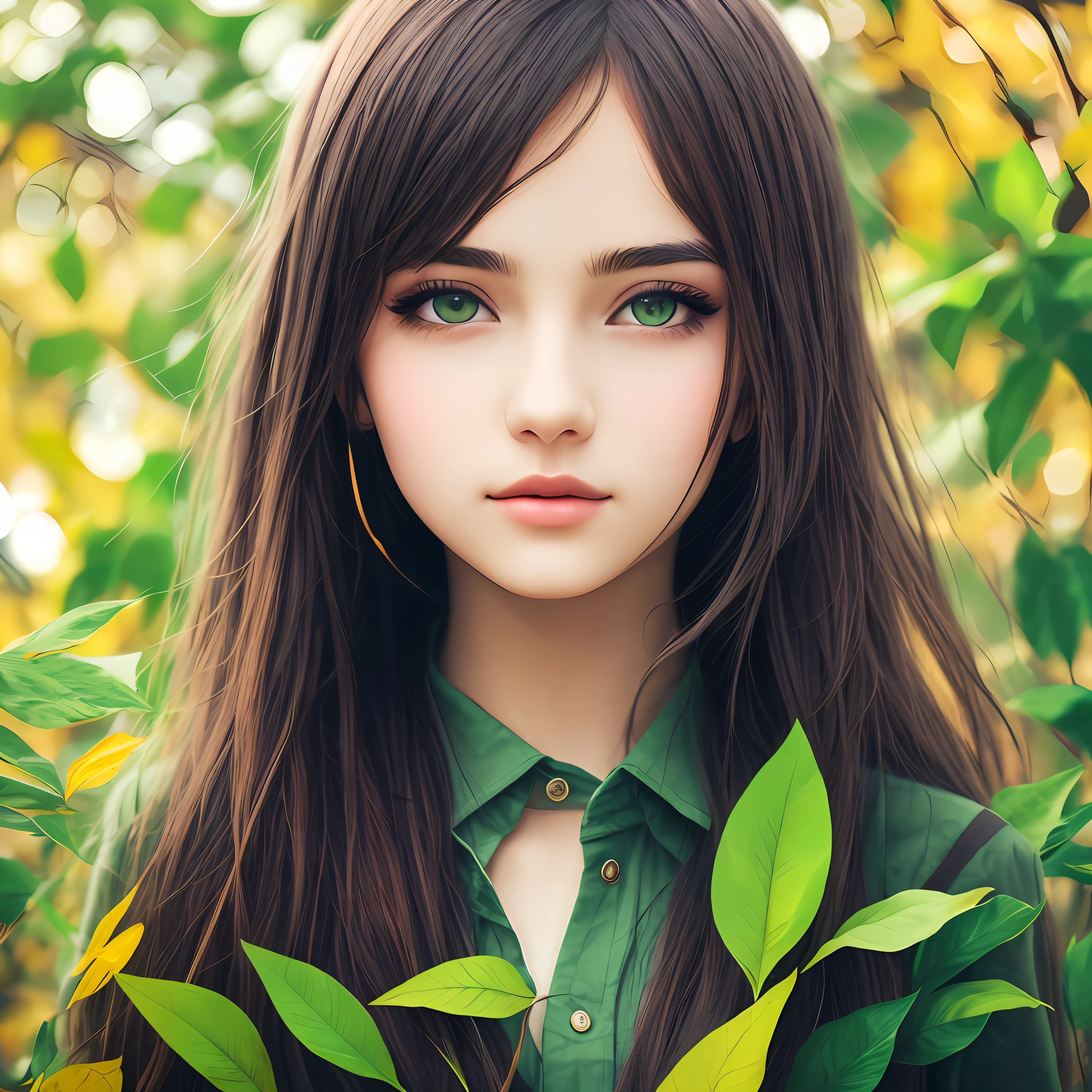 Girl wearing greenery like leaves,illustrations,full hd, 8k, beautiful face,green background, portrait,pretty eyes, close up image