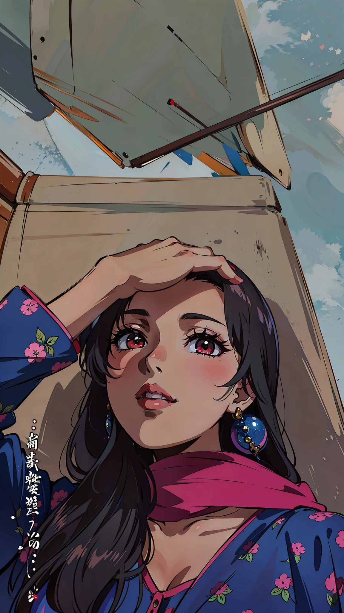 (masterpiece),(best quality:1.0), (ultra highres:1.0), detailed illustration, 8k, anime, 1girl, beautiful anime girl, wearing a blue and pink dress, intricate details, red eyes, detailed eyes, black hair, detailed hair detailed, highlights on hair, slight smile, red lipstick, red lips, detailed lips, anime style, best quality, detailed