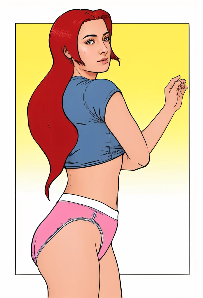 red haired latina in blue shirt and pink cotton panties, shot from the side, realistic art style