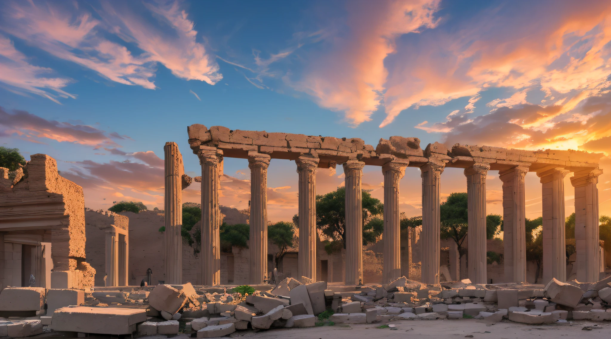 (8k, foto RAW, melhor qualidade, obra-antes), (realista, ultradetalhada), ruins of Babylon at sunset