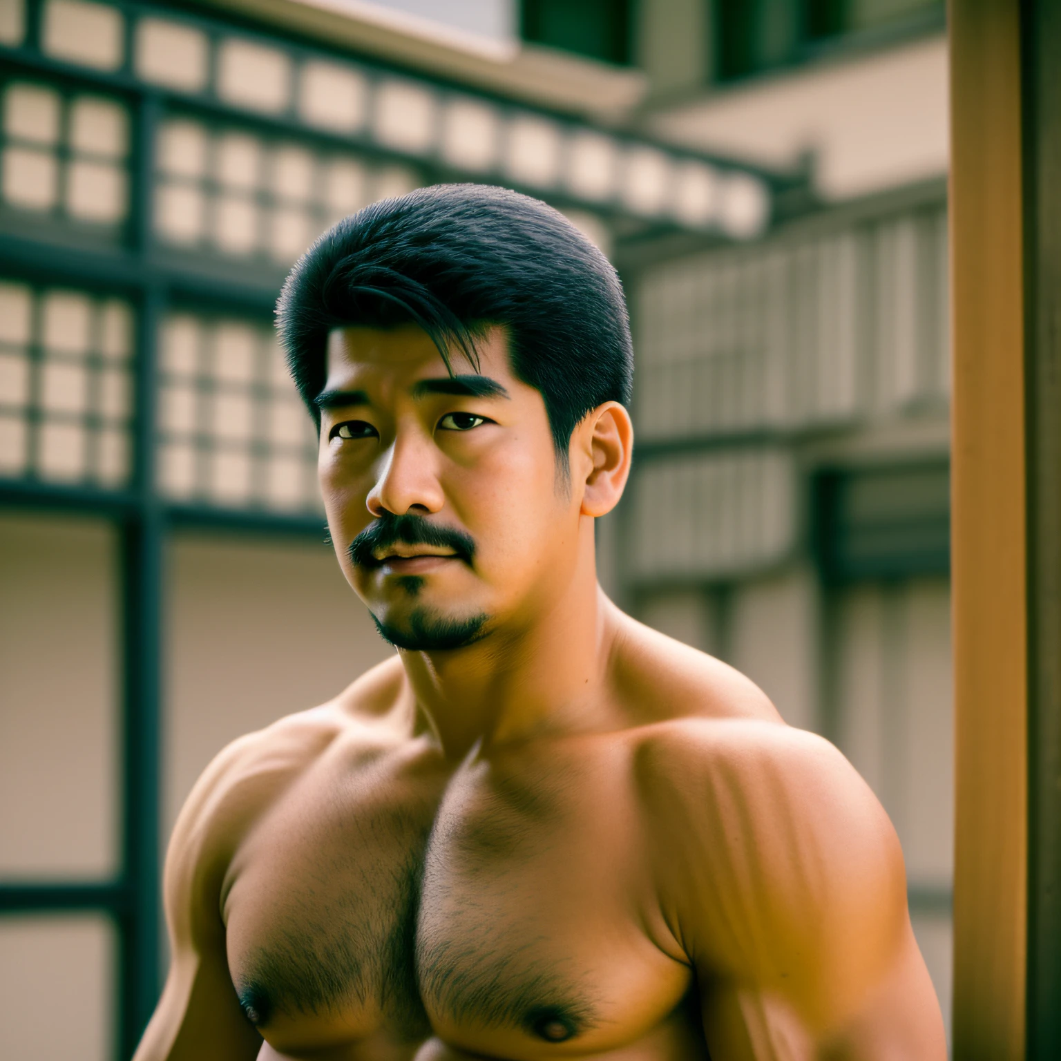 Retrato de 1980, Showa, Taiga Nakano, Kozo Murashita, 1 homem, japanese guy, musculoso, maduro paisagem japonesa, smooth lighting, 8k, HD, hight resolution, DSLR, alta qualidade, Fujifilm XT3, film grain,
