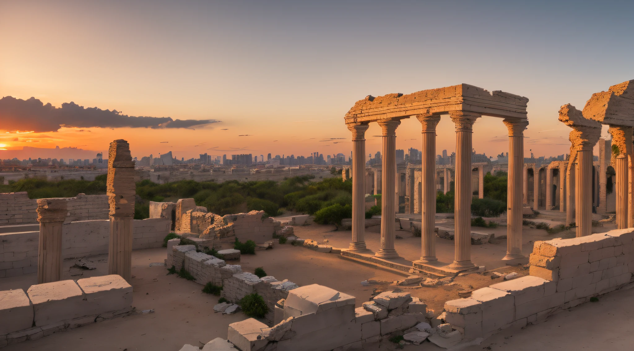 (8k, foto RAW, melhor qualidade, obra-antes), (realista, ultradetalhada), ruins of Babylon at sunset