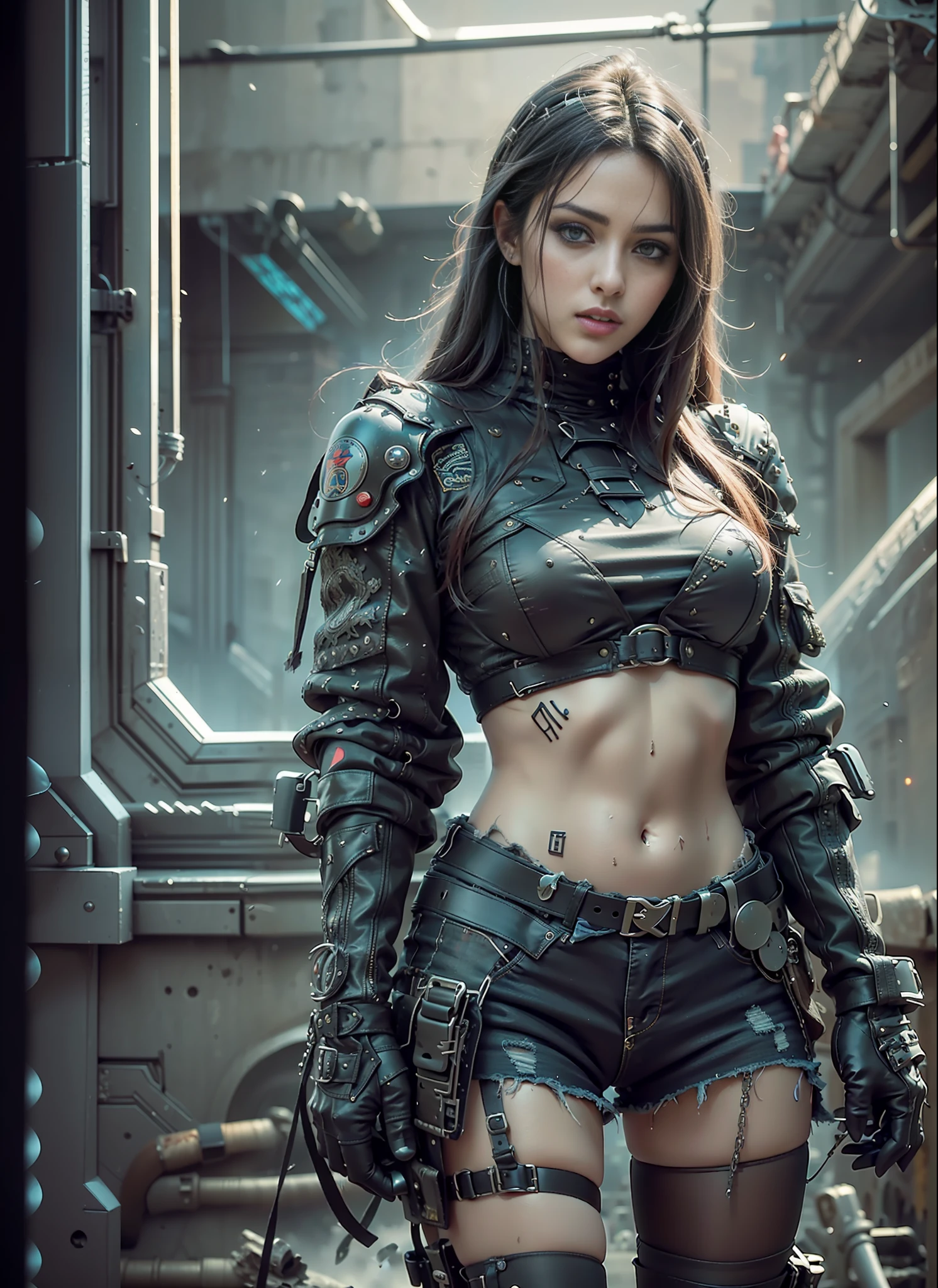 Arab movie poster, beautiful woman, big chest, medium dark long hair, sunglasses, black jeans, belt, long coat, rivets, holster, rivets, explosions, city, ruins, aliens invades, just one body, night