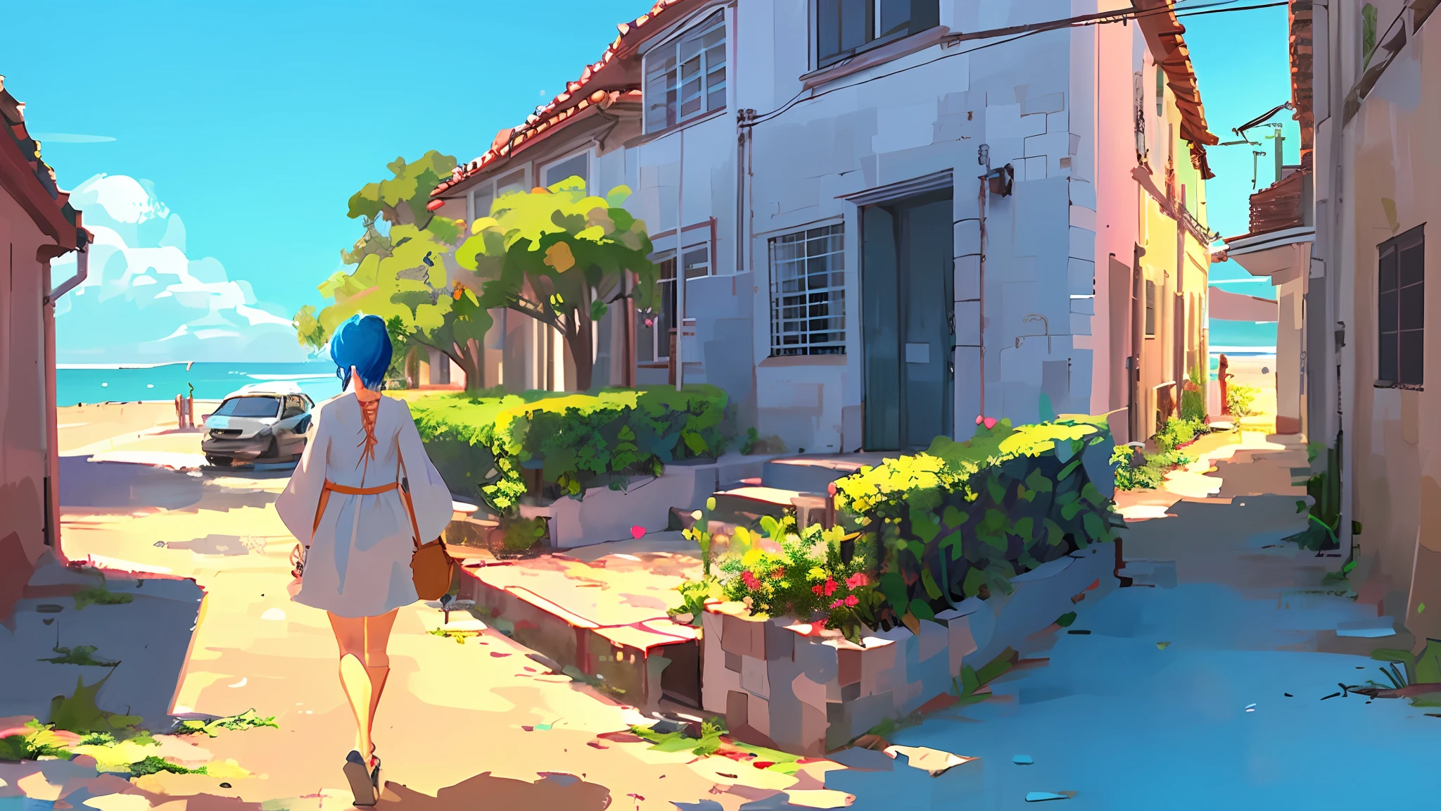 (((1girl, Sozinho))), Coastal scenery, Walking down the sidewalk, dia ensolarado, Anime setting, raio solar, blue skies