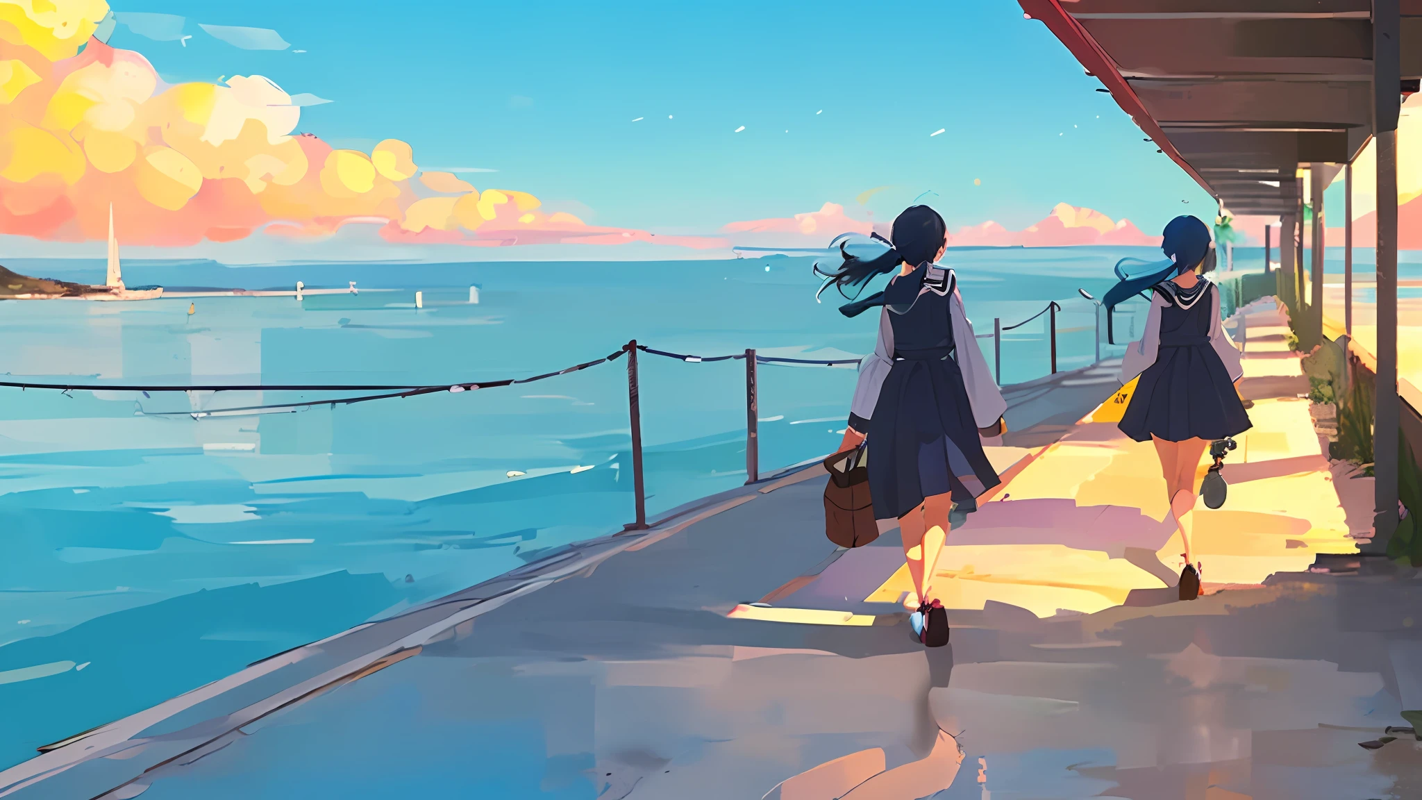 (((1girl, Sozinho))), Coastal scenery, Walking down the sidewalk, dia ensolarado, Anime setting, raio solar, blue skies