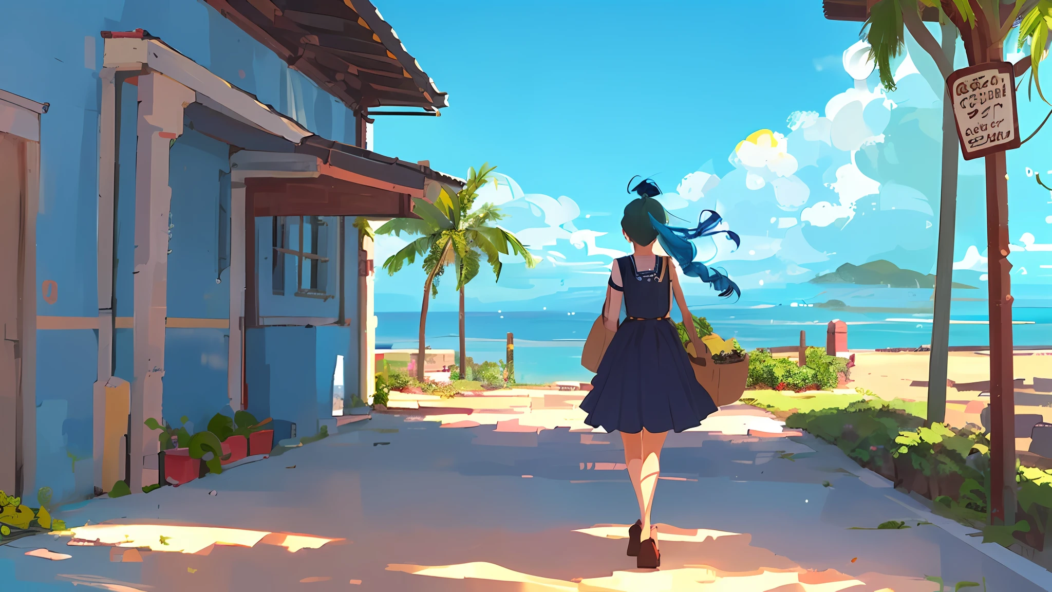 (((1girl, Sozinho))), Coastal scenery, Walking down the sidewalk, dia ensolarado, Anime setting, raio solar, blue skies