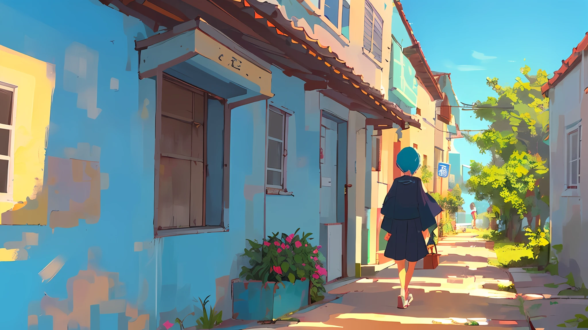 (((1girl, Sozinho))), Coastal scenery, Walking down the sidewalk, dia ensolarado, Anime setting, raio solar, blue skies