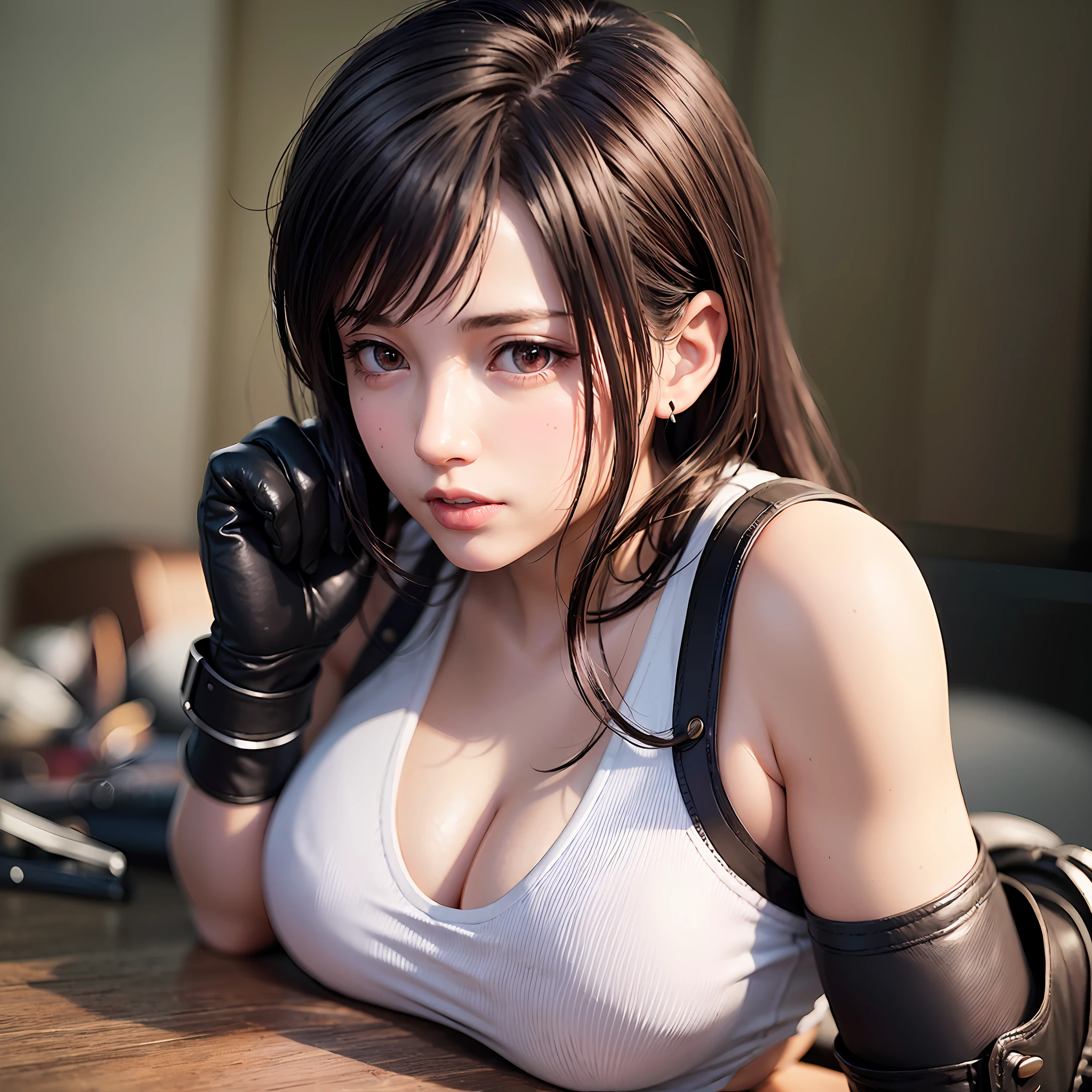 (8K、sthe highest qualit、Master peace、:1.2)、(Realistic、photot-REALISTIC，:1.37)、Ultra high-definition、 Final Fantasy VII Remake、tifa lockheart、（Elbow Pads、ankle boots、a black skirt、Black Sai Hai、red boots、Elbow Gloves、Elbow pads、FINGERLESS GLOVES、sports bra、suspender skirt、Thigh、white tank top、（red eyes、Large Tits、20yo、Milf、）、