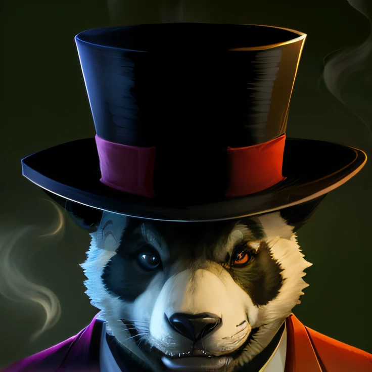 there is a panda bear with a hat and a top hat, qualidade insana, mafia, GMD, panda, gangster, Panda Panda Panda, cutecore clowncore, Jogo, espiar o horror, de alta qualidade], sinistro-chapeleiro, caos, vapor, elegante, HD Mod |, murderous carnival freak, Jogo de FPS, pscychodelic, Rorschach --auto