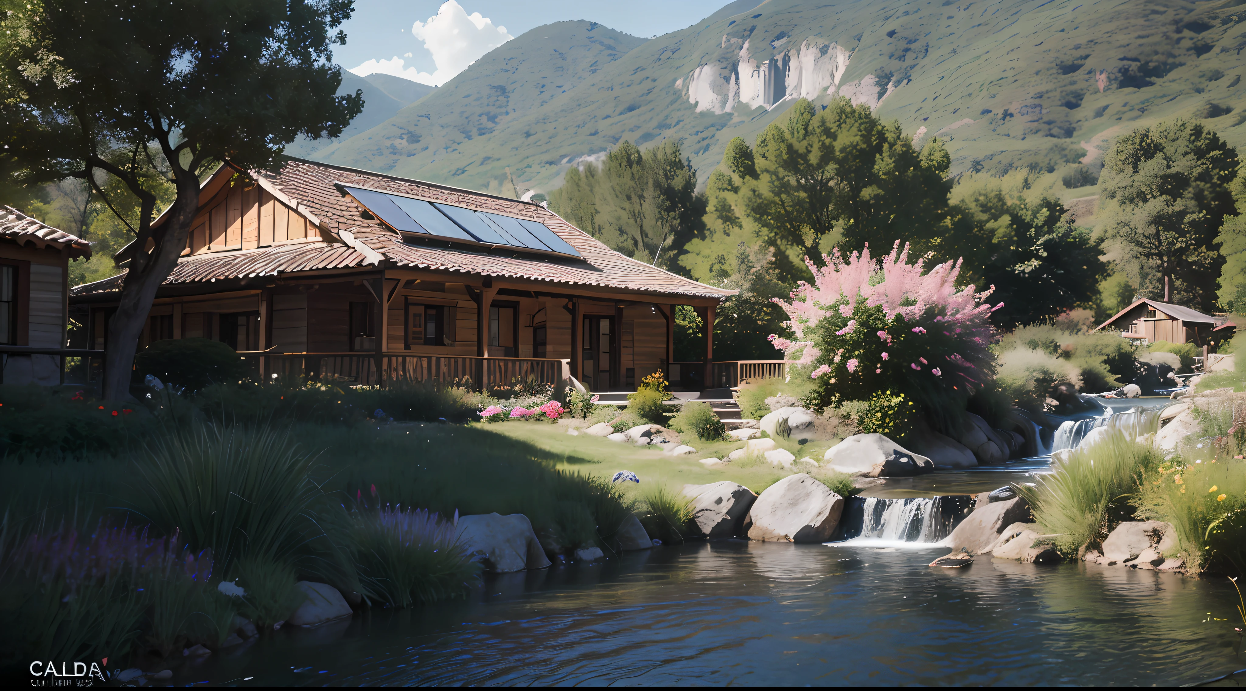 Creando el santuario perfecto, A dream house hidden in seclusion. Fuera de la red, powered by solar and wind energy, with a gentle river flowing nearby. A customized mini hydroelectric dam harnesses water energy. The landscape blooms with a thriving orchard. La serenidad llena el aire mientras los conejos juegan y las gallinas deambulan. Es un oasis armonioso donde la autosuficiencia y la belleza natural se entrelazan. Anti-Aliasing, FKAA, TXAA, RTX, SSAO, Shaders, OpenGL-Shaders, elegante,,(Dolby Vision/1.5), (elemento natural/1.2), (Particle effect/1.5). (calidad de roca extrema realista / 1.5), (elementos de naturaleza de calidad ultra realista / 1.5), (Tiempo de obra maestra / 1.5), (trazado de rayos / 1.5), (ultra detallado / 1.5), (Masterpiec / 1.5), mejor calidad), (solar white lighting / 1.5) (white lighting / 1.5) (fotorrealista / 1.5) ,(xtrem realista / 1.5) (ultra detallado / 1.5), (muy detallado / 1.5), (Cinematic lighting / 1.5), (detalles intrincados / 1.5), (luz especular: 1.5), (colorido / 1.5), (alta calidad de la naturaleza / 1.5) (3d isométrico / 3.9)
