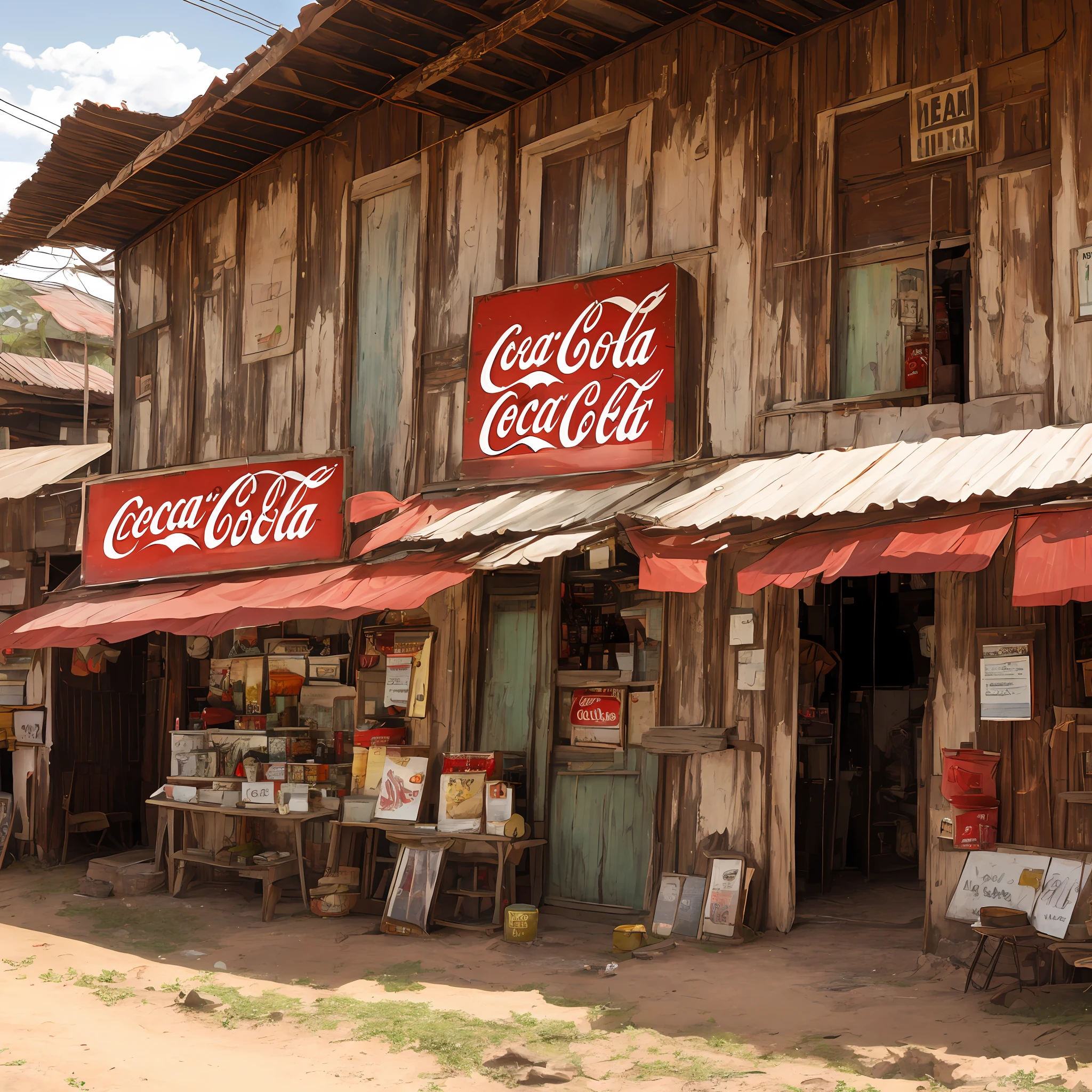 Uma cidade do velho oeste, estilo Texas, antiga, empoeirado, letreiro antigo da Coca Cola na entrada do Saloom, photographic style, obra prima, melhor qualidade --auto