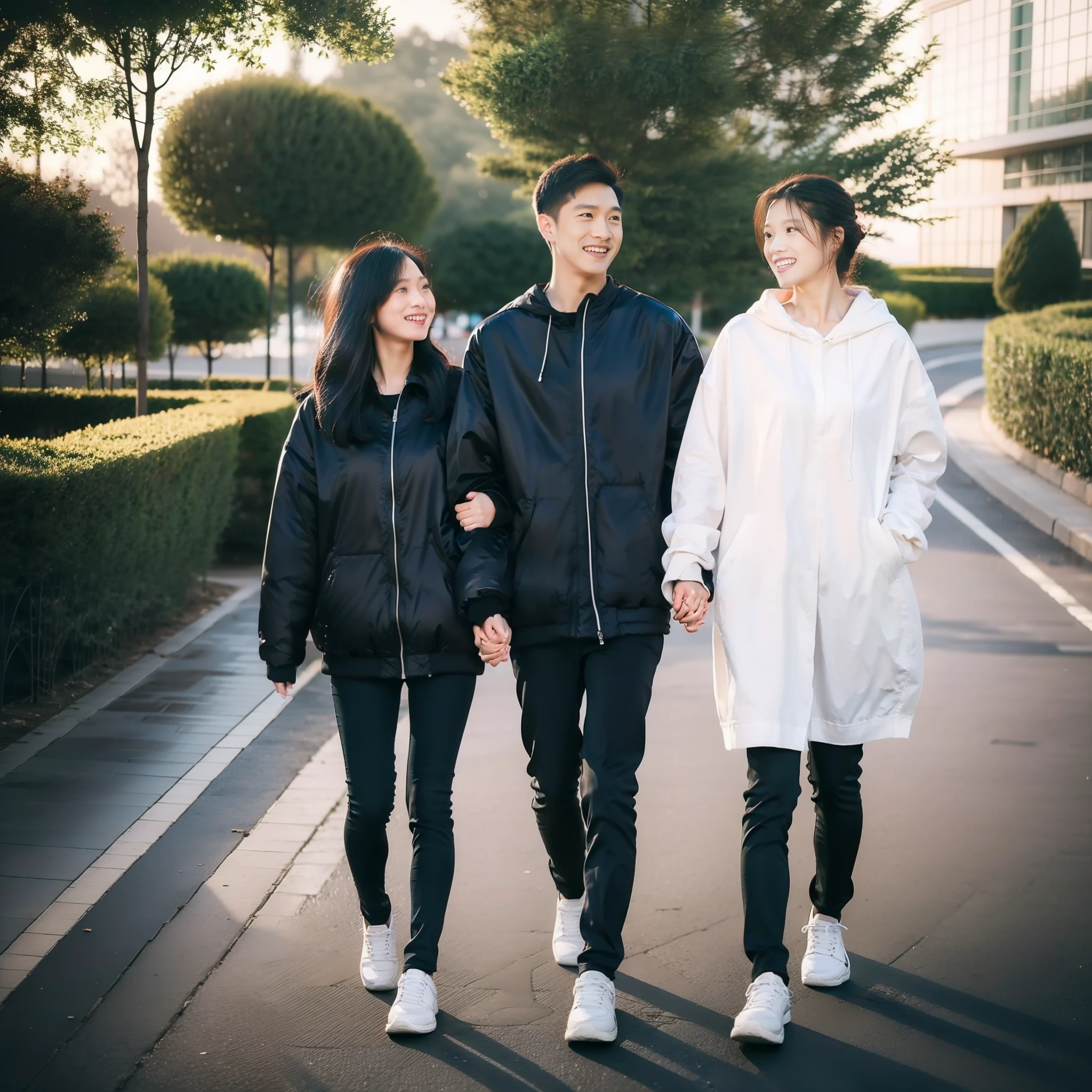 RAW photo, couple walking on path hand in hand, walking together,