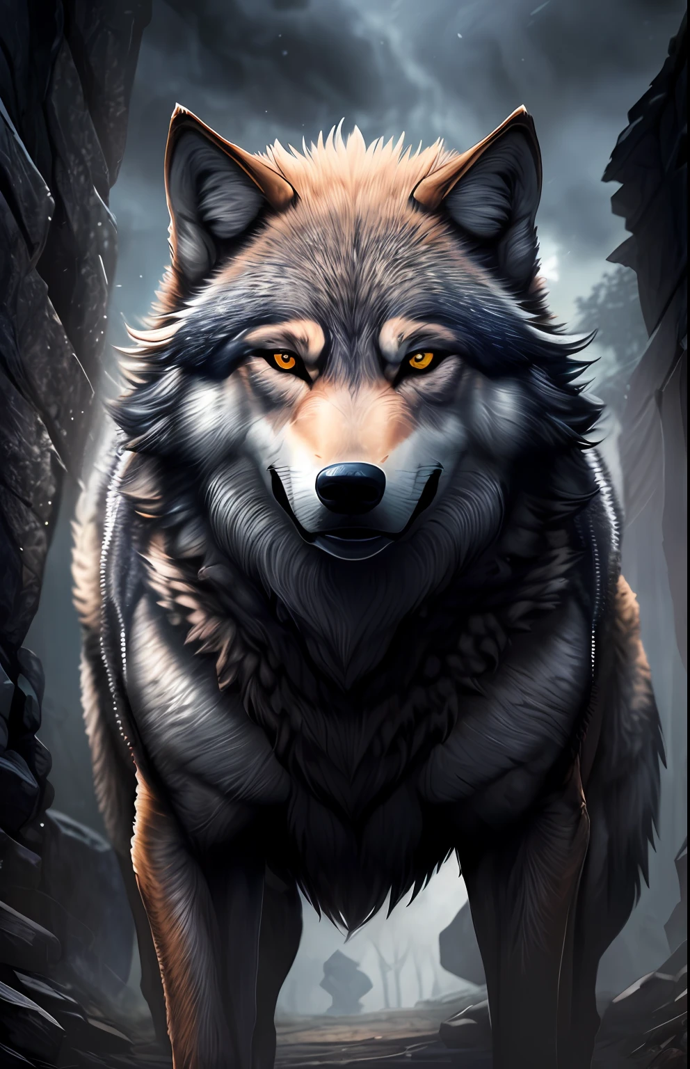 (((work of art))), better quality, detailed illustration in CG, mystical and mysterious figure of a wolf, fierce and intimidating expression, in an angry pose, defined wolf muscles