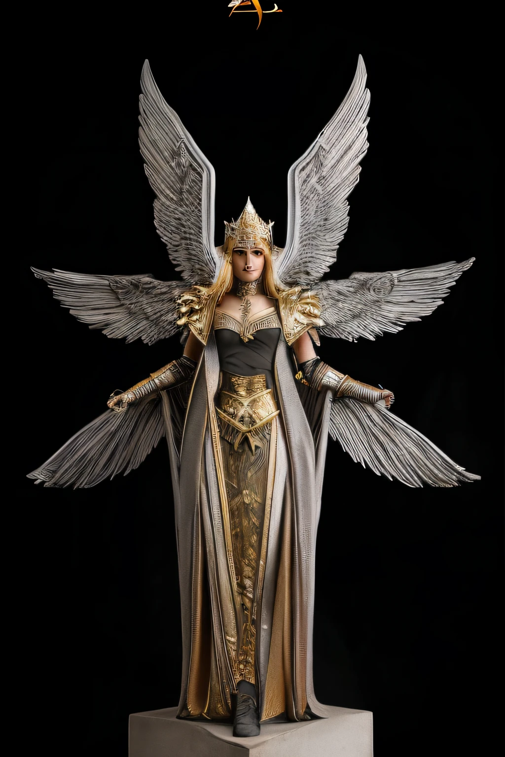 a close up of a statue of a woman with wings, deusa. Detalhes extremamente altos, angel in plastic armor, Armadura Dourada Angelical, as a mystical valkyrie, mulheres nua full - corpo majestoso anjo, tiro extremamente detalhado da deusa, futuristic robot angel, anjo steampunk, female lord of change, Armadura Sagrada, tall female angel, valkyrie, angel knight gothic girl, clothed in ethereal armor