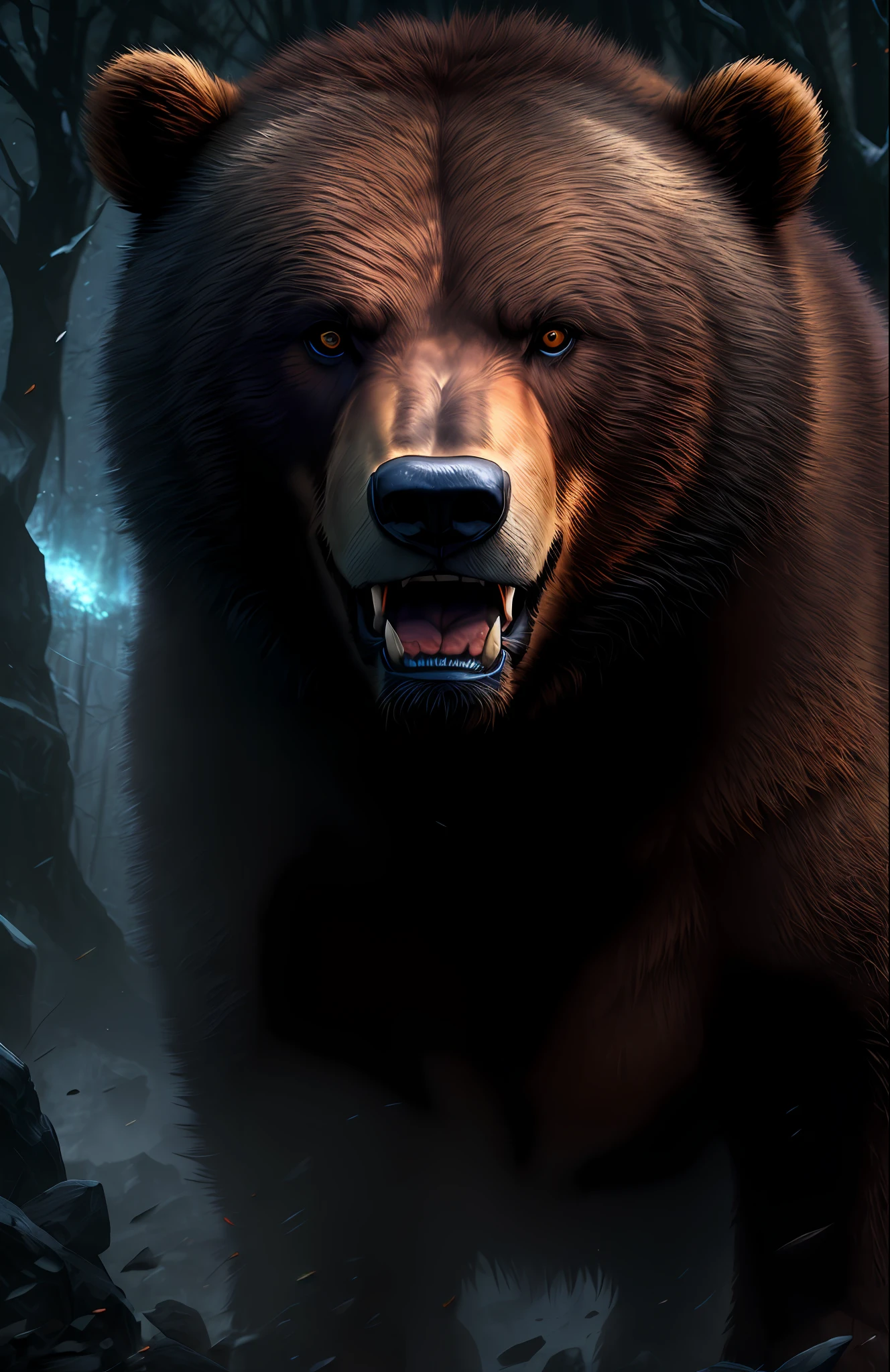 (((work of art))), better quality, detailed CG illustration, mystical and mysterious figure of a bear, fierce and intimidating expression, in an angry pose