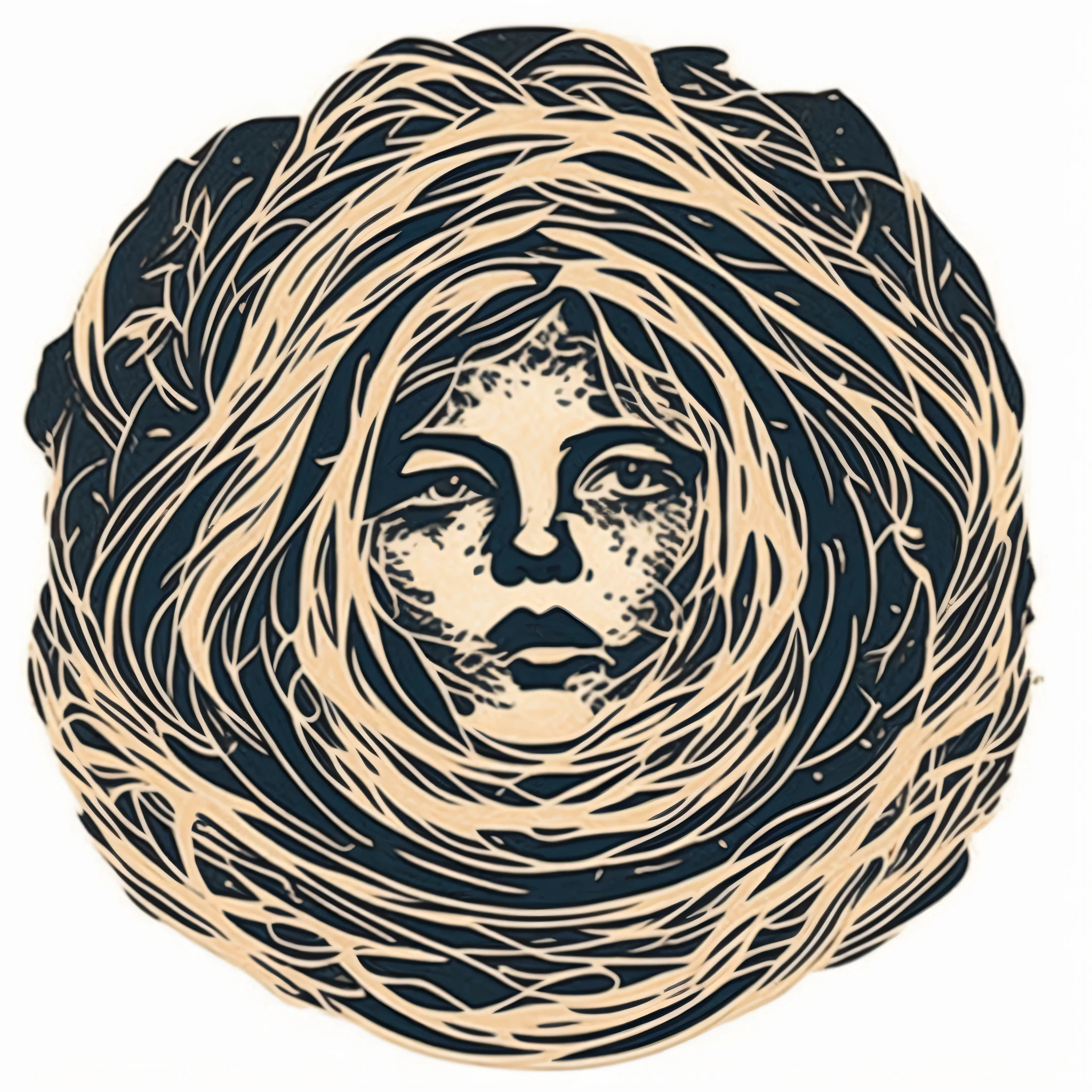 build main element options, a close up of a drawing of a woman's face with a circular design, woodcut art, woodcut print, beautiful high contrast woodcut, woodcut style, linocut art, blue woodcut print, james r. eads, woodcut, a woodcut, (screen print), intricate portrait design, high contrast wood engraving, linocut print