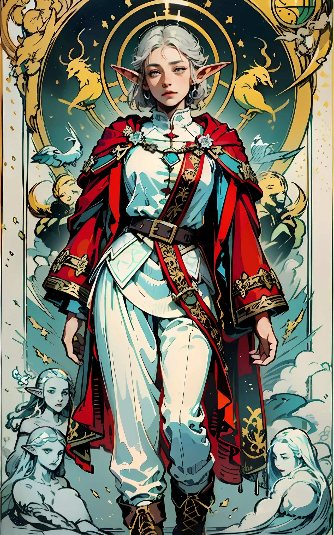 (full body shot:1.3), darkest_diffusion, (girl, 1 beautiful face, adult, (tired, sad),skinny, fragile, thin, medium breasts:1.4),(grey hair, bob cut, ((fine facial features)),),(white outfit, red accents, assasin coat, military coat, boots, fantasy pants, adventurer outfit:1.3),(yellow eyes:1.2),(using dark magic:1.4),(absurdres, highres, ultra detailed), (elf:1.3), finely detailed eyes and detailed face, the fool \tarot\, bard, clown, Symbolism, Visual art, Occult, Universal, Vision casting, Philosophical, Iconography, Numerology, Popularity, Artistic, Alfons Mucha
