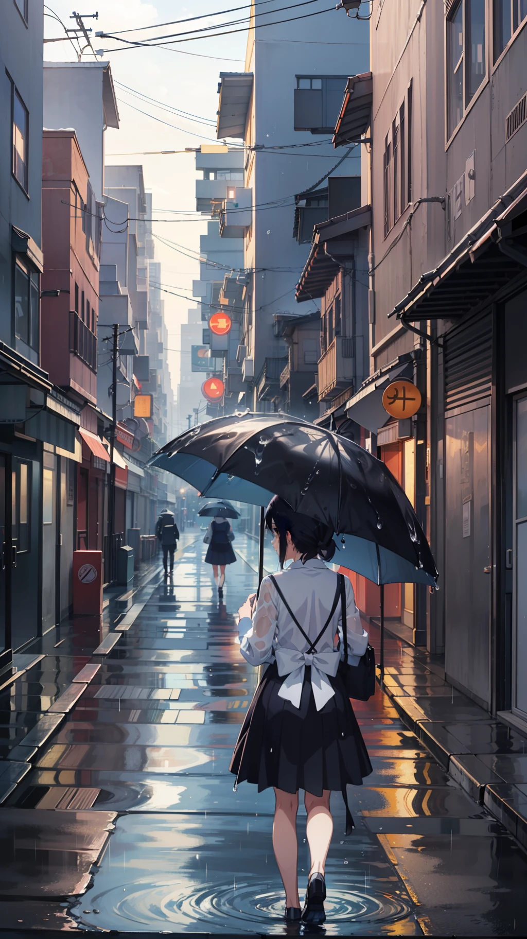 anime girl standing on a wet street in the rain, splash art anime loli, anime atmospheric, anime scenery, anime girl walking on water, anime landscape, anime painting, art of wlop, street background, clean detailed anime art, anime vfx, anime. soft lighting, anime scenery concept art, clean anime art, roof background, city background