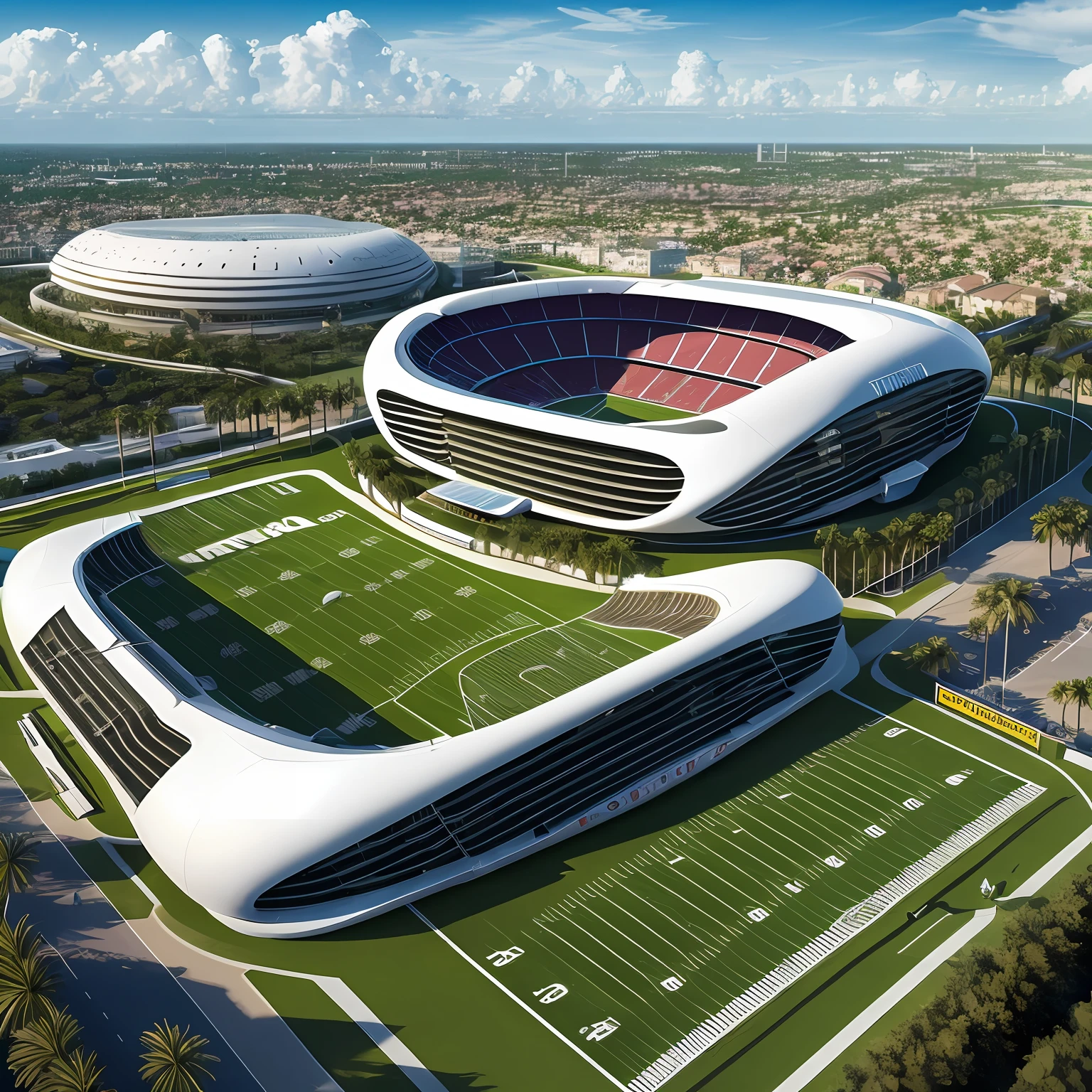 Make a football stadium, photorealistic image, com muitos detalhes, Surrounded by urban vegetation and palm trees based on the designs of architect Zaha Hadid --auto