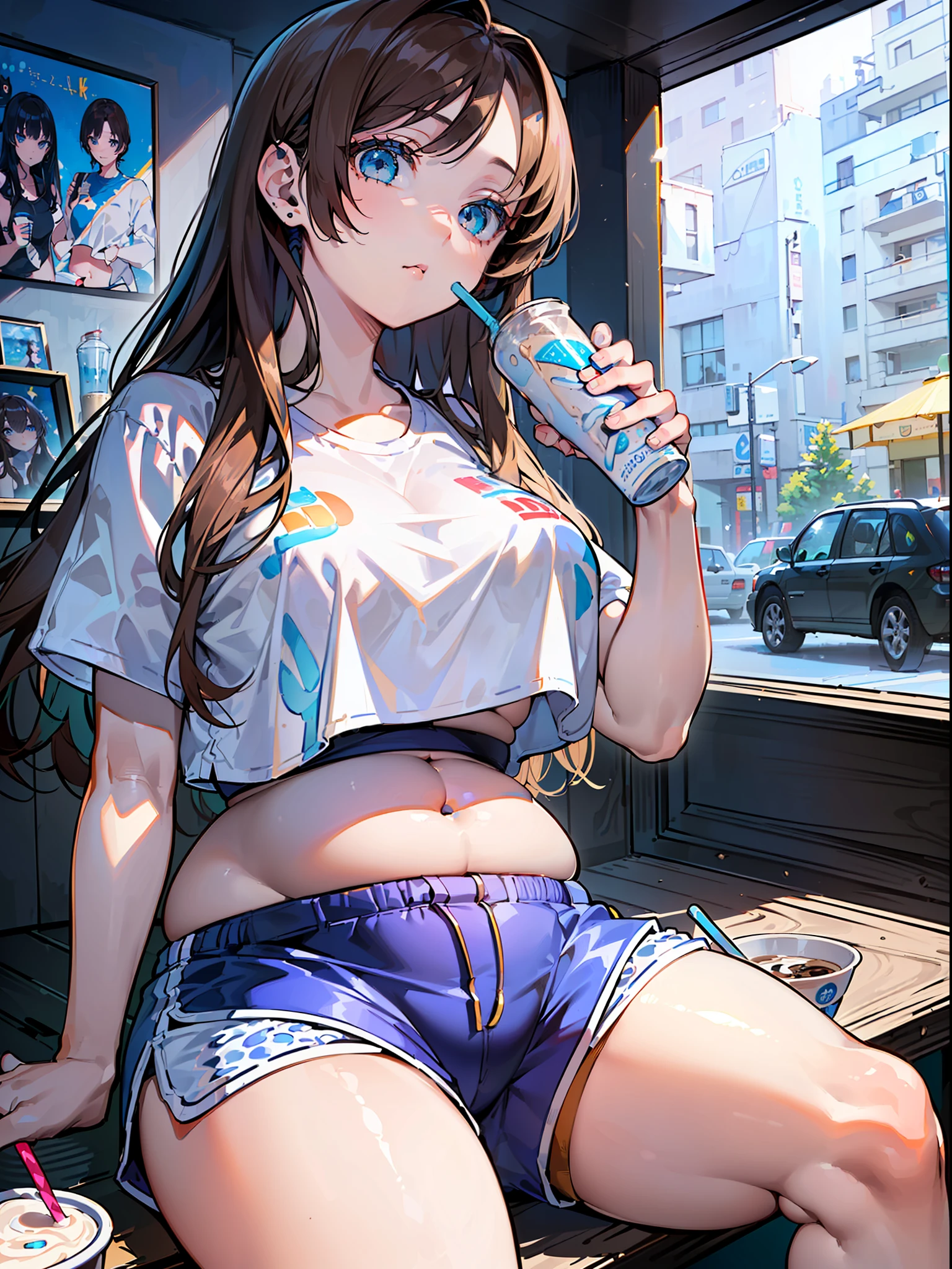 ((highest quality, masterpiece, 4k, finely detailed, detailed eyes, detailed face, intricate details, pixiv, gelbooru)), ((solo)), 1girl, solo female, (((long straight brunette hair, deep blue eyes))), ((fat, chubby, big belly)), sitting down and sipping milk shake, (((tight crop top, tight shorts))), milkshake place background