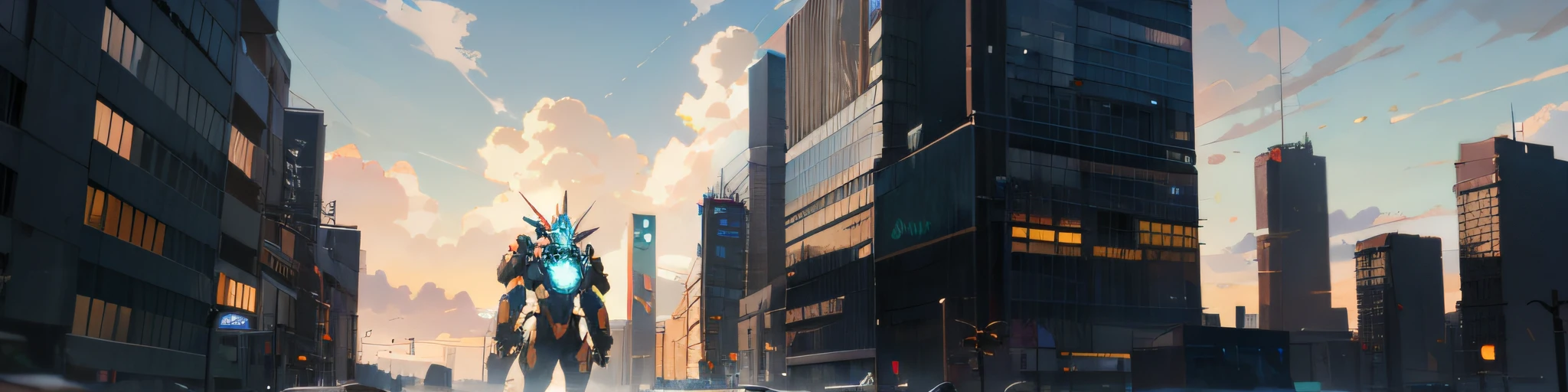 anime - style artwork of a giant robot in a city, concept art wallpaper 4k, bastien grivet, inspired by Krenz Cushart, octane render. by makoto shinkai, anime style cityscape, urban concept art, hd anime cityscape, krenz cushart and artem demura, high quality digital concept art