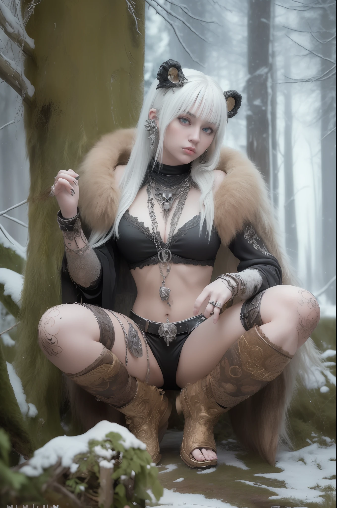 (masterpiece, detailed:1.4), fullbody shot of slavic pagan metal Miley Cyrus, midshot, detailed eyes, beautiful face, furs, skulls, runes, northern Russia Slavic style, russian pagan vibes, bear style, rocks, winter, inspirated by russian folk, dark, epic, (insane details), perfect artwork, (style of Michael William Kaluta:1.6)