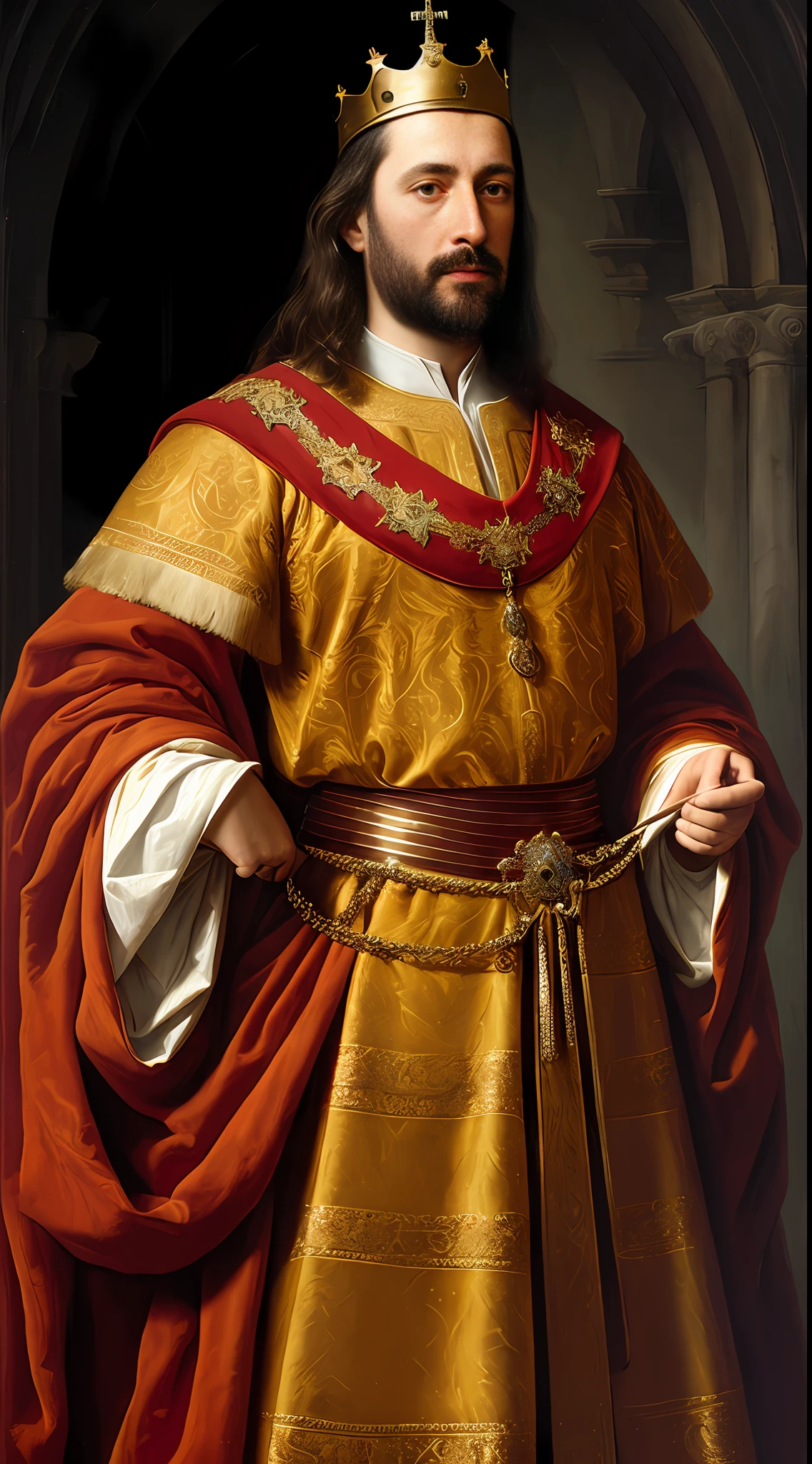 (best quality, high resolution, oil painting, official art:1.2, by Greg Rutkowski), King Louis IX, majestic presence in royal attire of the 13th-century, ornate crown, flowing robes, meticulous brushstrokes, realistic rendering of textures, subtle light and shadows, atmospheric ambiance, vibrant colors, emphasizing the king's role as a stalwart protector of his realm.