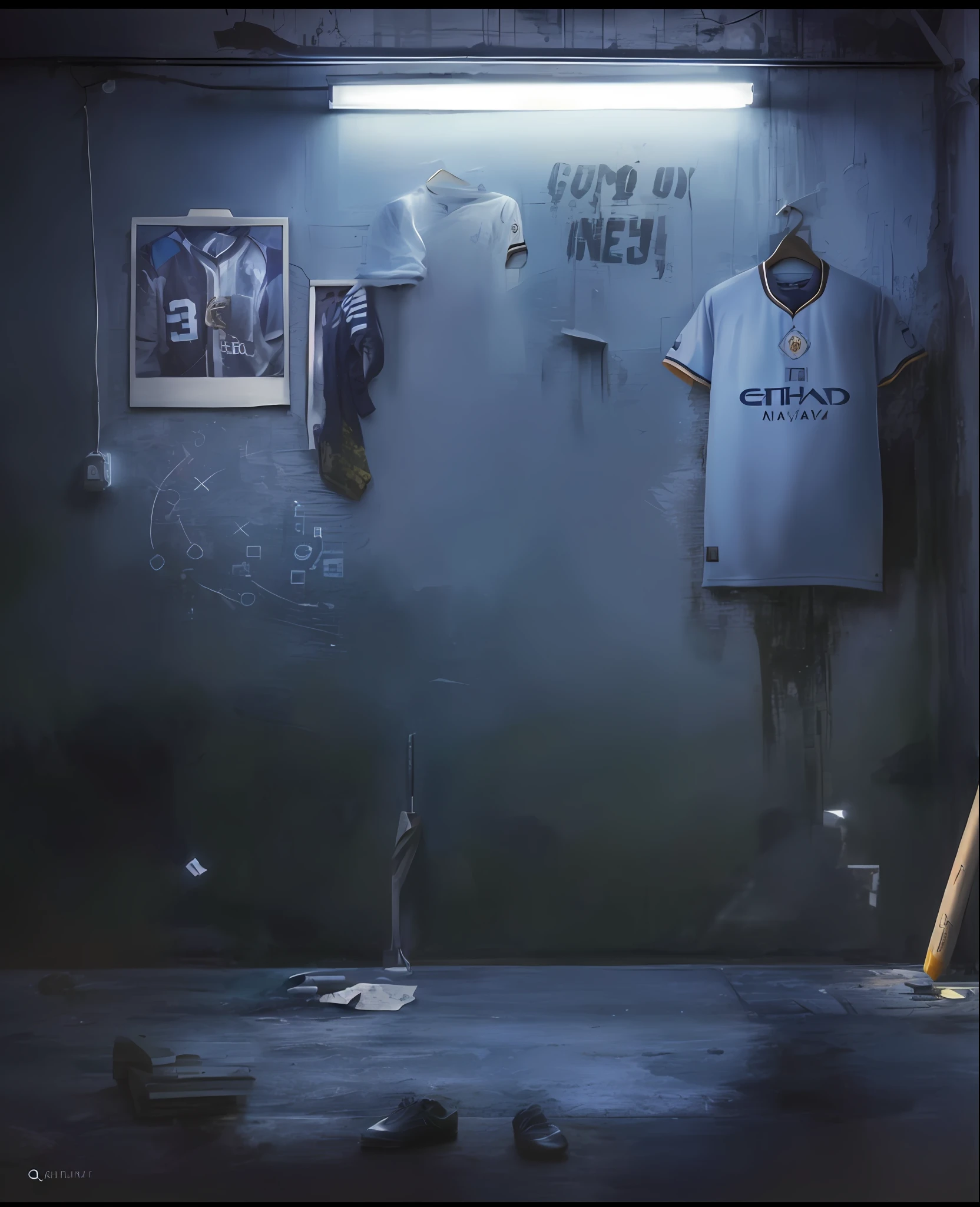there is a baseball bat and a jersey hanging on a wall, Manchester City, atmosfera arenosa, fan art, arte conceitual escura fotorrealista, fundo arenoso, c 4 d ”, gritty feeling, conceitual art, fundo do quarto pessoal, imagem gritante, grafite urbano banksy, hiper realista", hiper realista ", Quarto fantasma, ghostly ager bedroom, papel d parede - 1 0 2 4