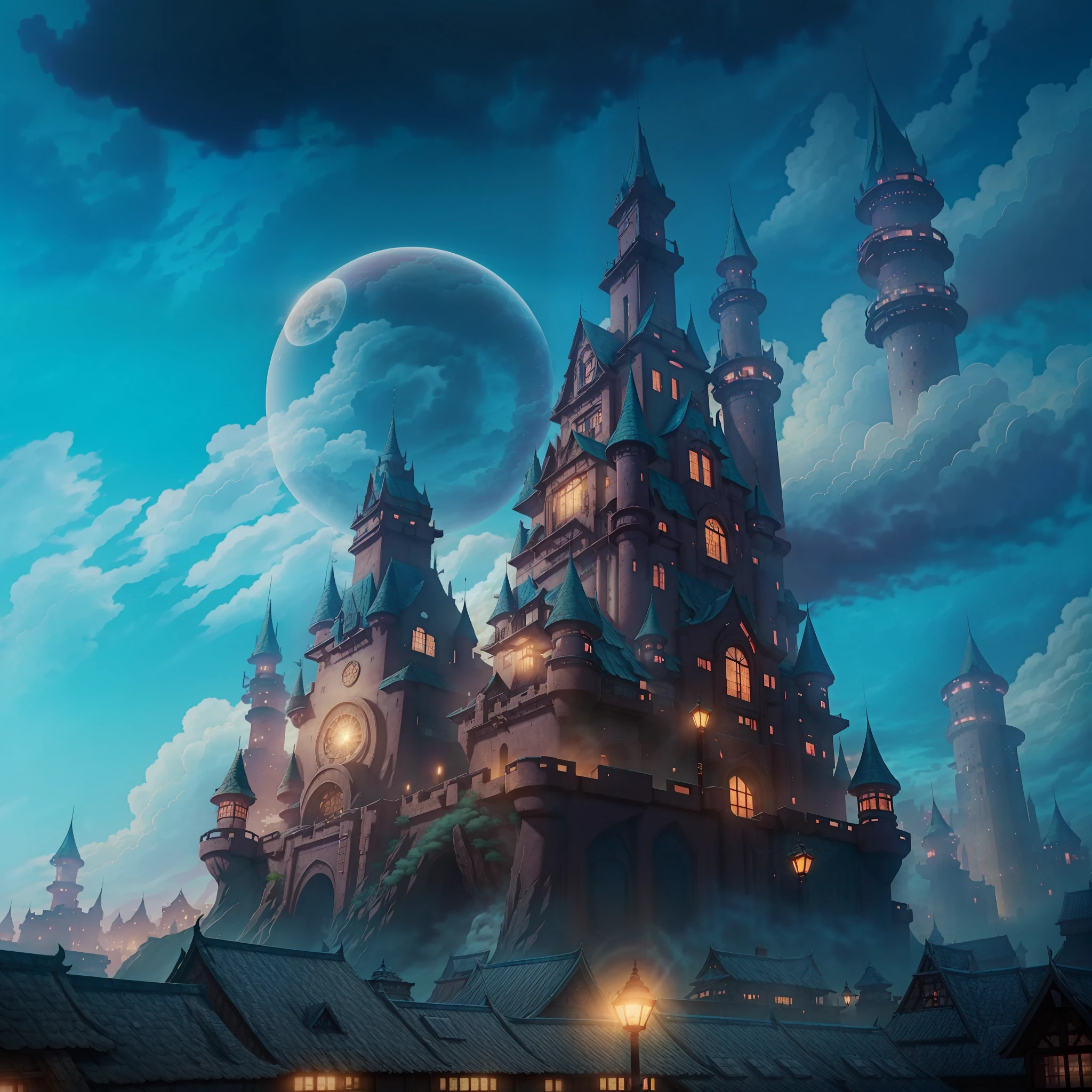 There is an image of an image of a city with a sky background, loading screen. 8K resolution, just visited during dreams, fantasy world concept, cyberpunk ancient chinese castle, in front of a fantasy city, from Bravely Default II, from NCSofil, charming and supernatural, travel announcement, set